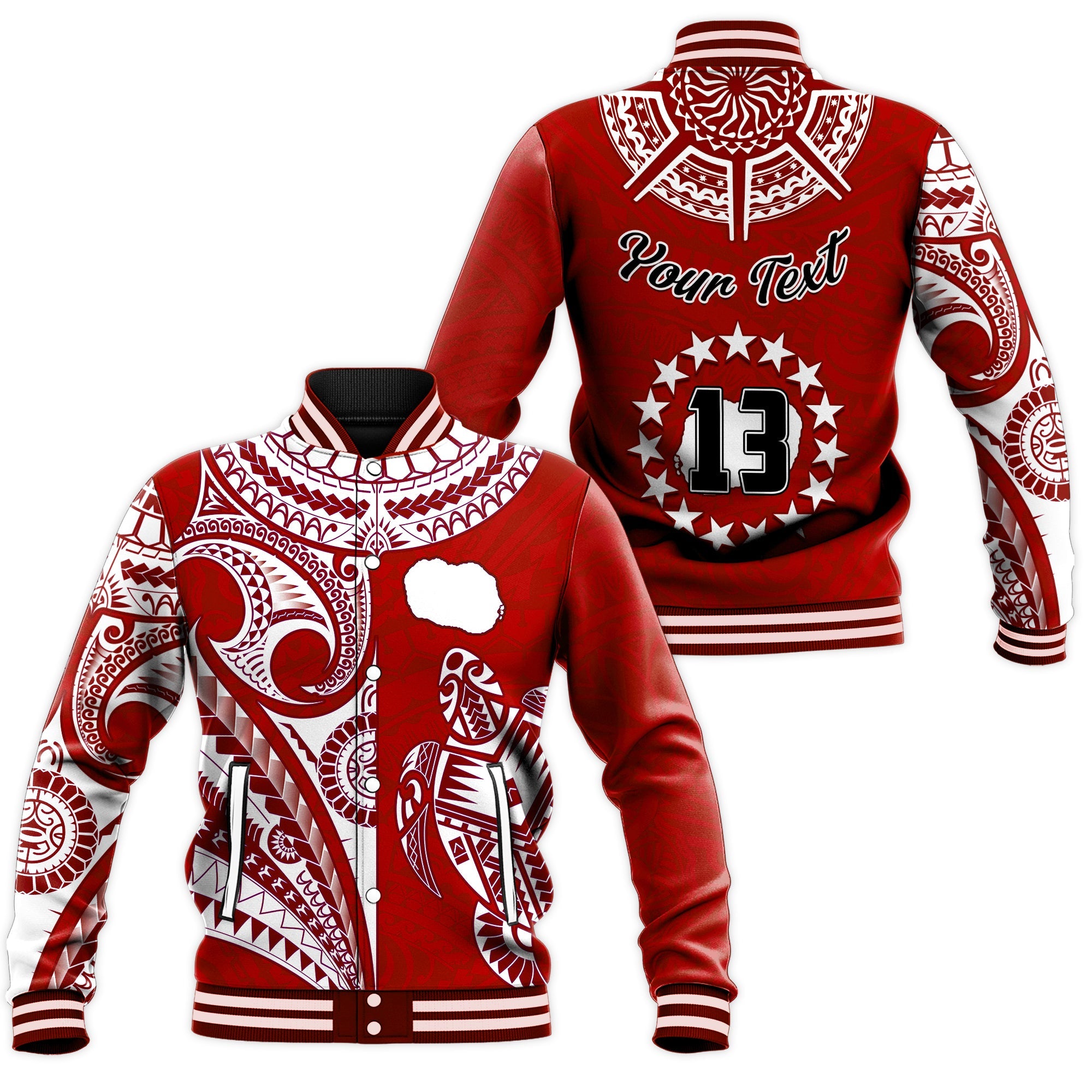 (Custom Text and Number) Rarotonga Cook Islands Baseball Jacket Turtle and Map Style Red LT13 Unisex Red - Polynesian Pride
