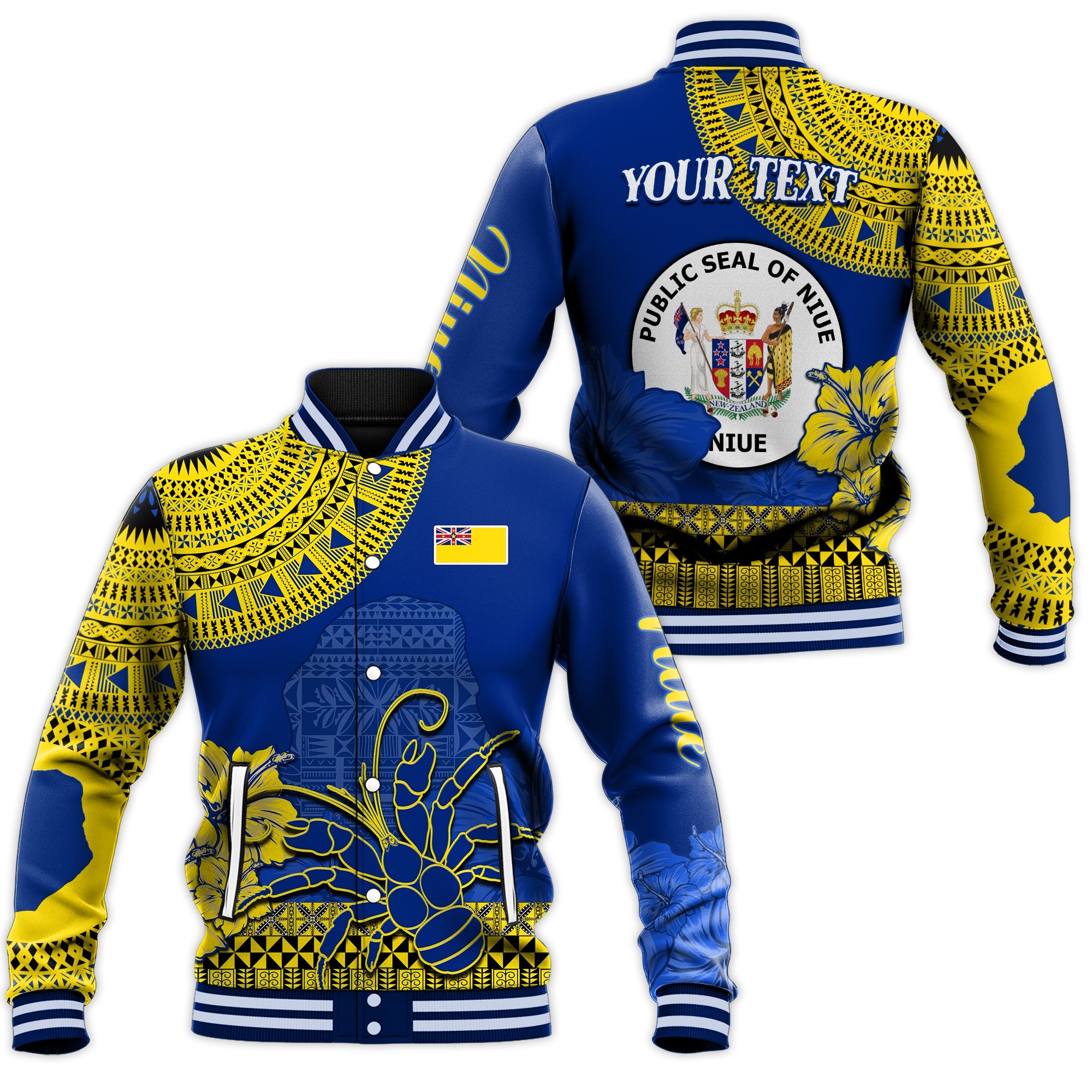 (Custom Personalised) Niue Hiapo Baseball Jacket Rock of Polynesia Tapa Niuean Crab Happy Day LT13 Unisex Blue - Polynesian Pride