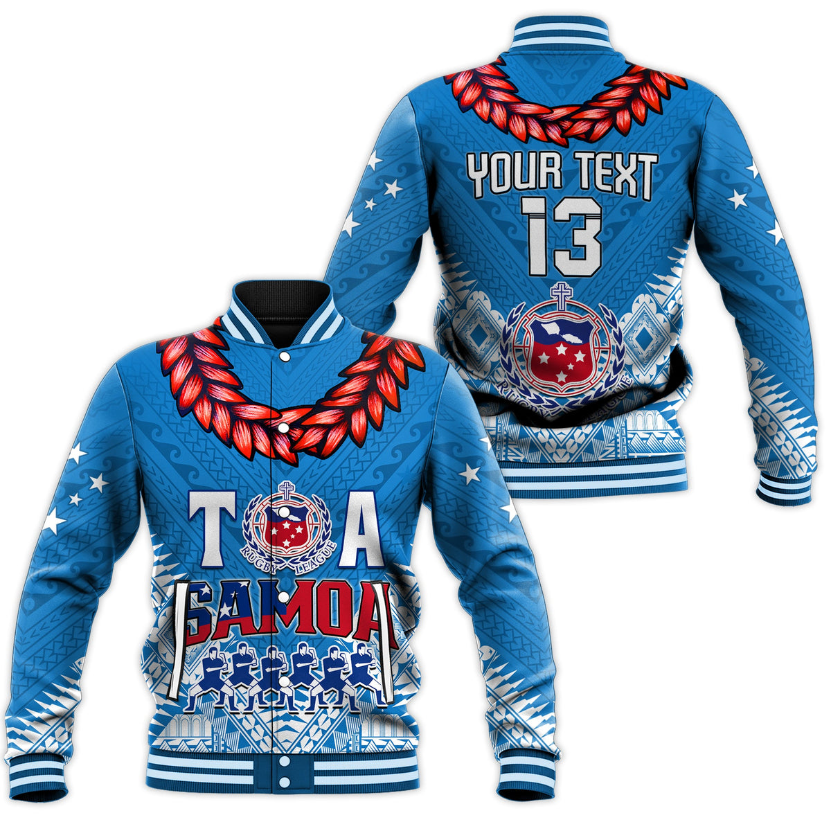 (Custom Personalise Text and Number) Toa Samoa Rugby Baseball Jacket Manu Siva Tau Style Ulafala LT13 Unisex Blue - Polynesian Pride