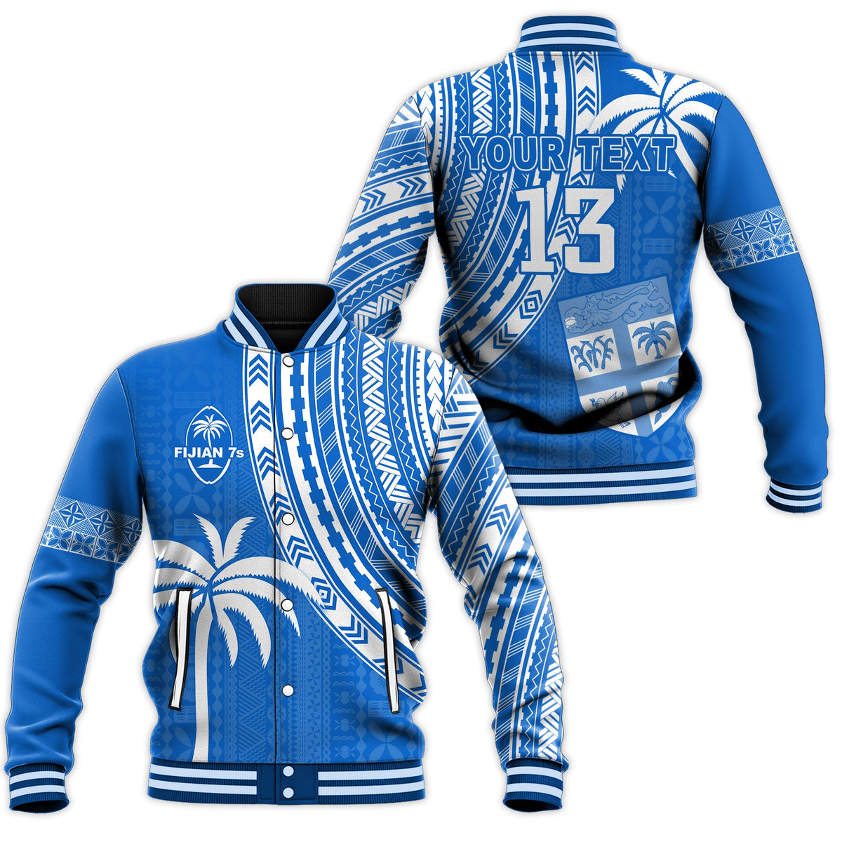 (Custom Text and Number) Fiji Rugby Sevens Baseball Jacket Fijian 7s Tapa Polynesian Blue Ver.01 LT13 Unisex Blue - Polynesian Pride