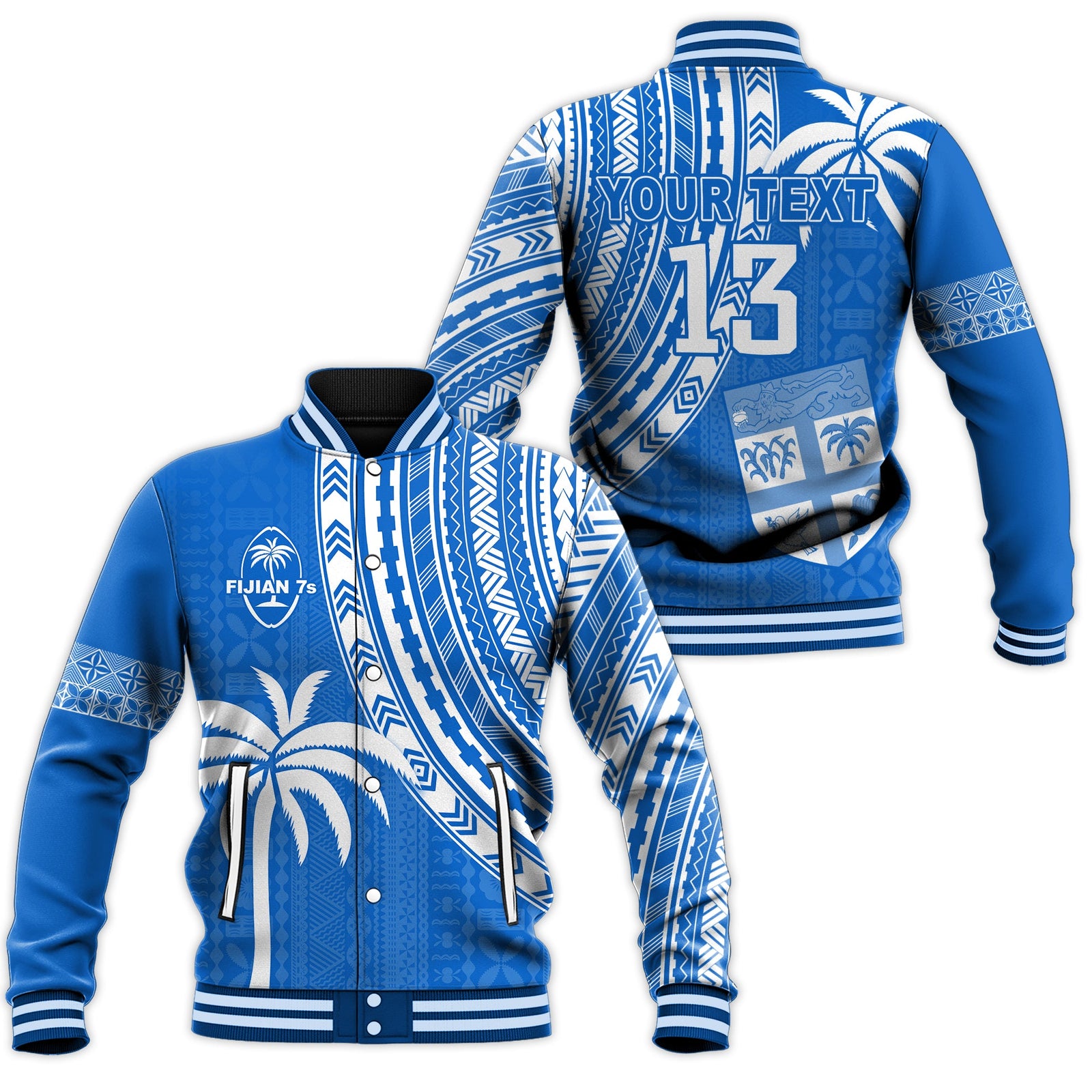 (Custom Text and Number) Fiji Rugby Sevens Baseball Jacket Fijian 7s Tapa Polynesian Blue Ver.01 LT13 Unisex Blue - Polynesian Pride