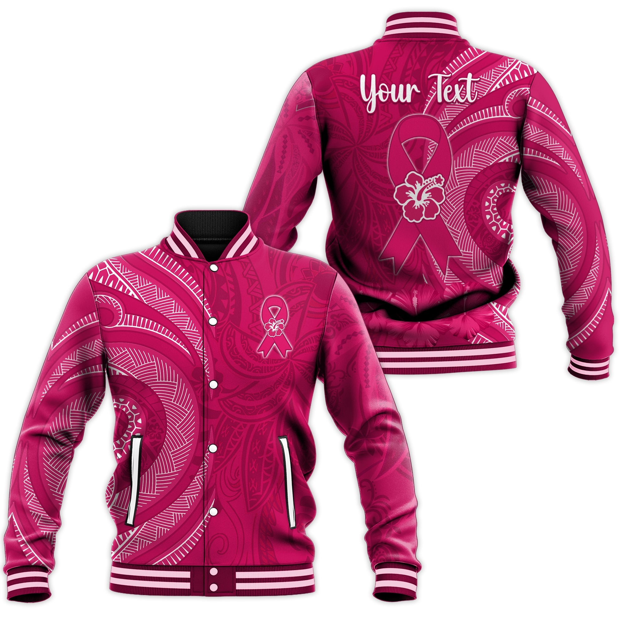 (Custom Personalised) Breast Cancer Awareness Baseball Jacket Hibiscus Polynesian No One Fights Alone LT13 Unisex Pink - Polynesian Pride