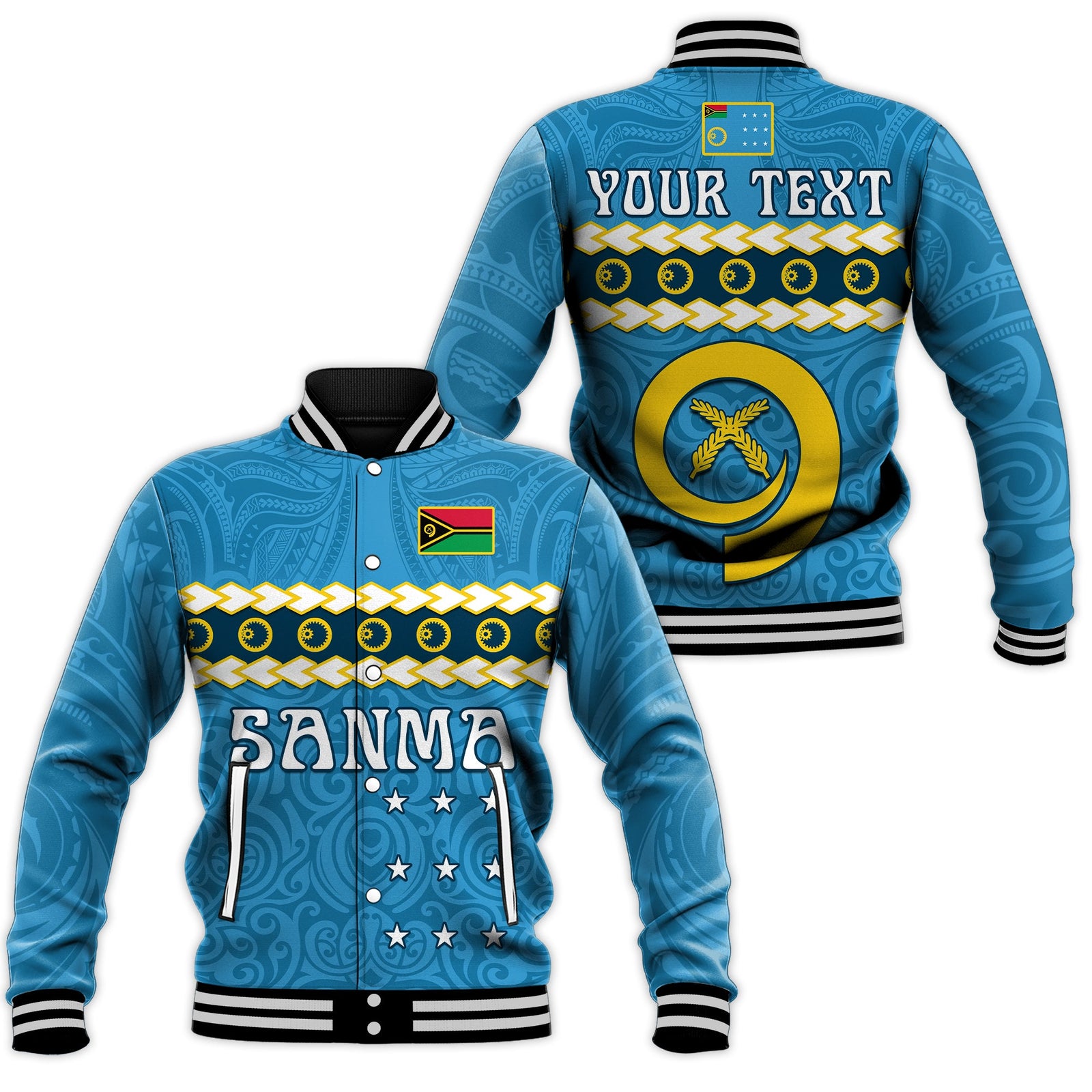 (Custom Personalised) Sanma Province Baseball Jacket Vanuatu Pig Tusk Polynesian Flag Style LT14 Unisex Blue - Polynesian Pride