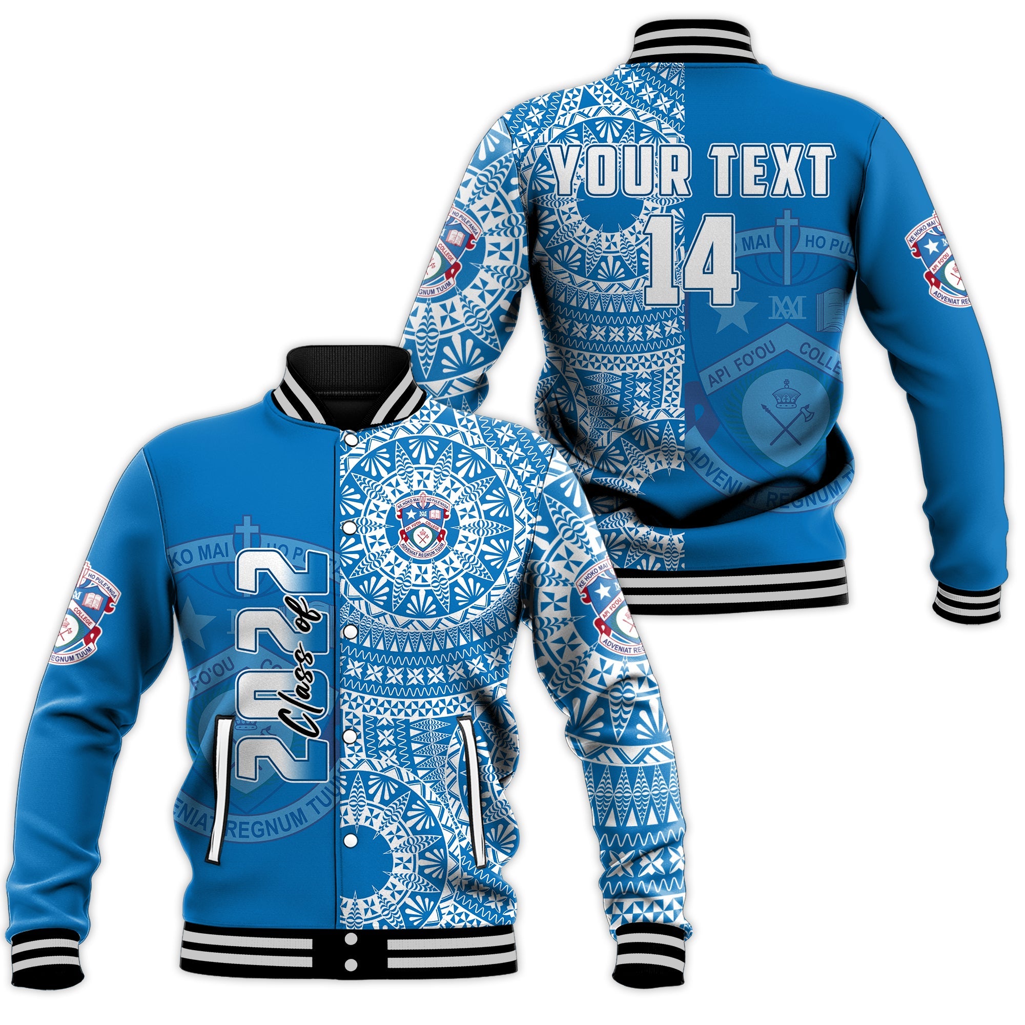 (Custom Text And Number) Apifoou Tonga College Baseball Jacket Class Of Year Tongan Ngatu Pattern LT14 Unisex Blue - Polynesian Pride