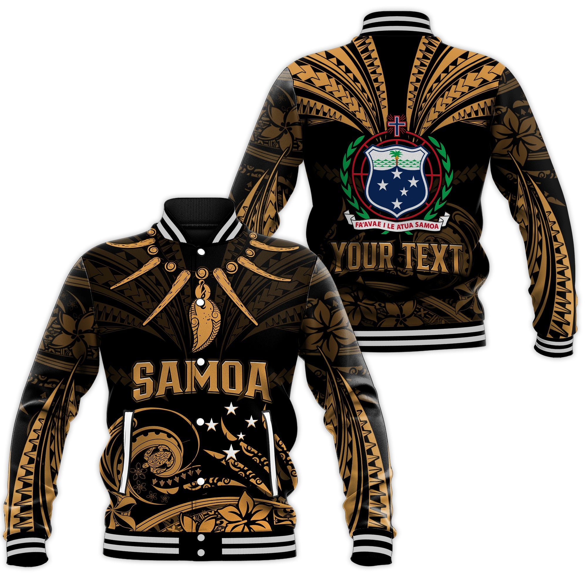 (Custom Personalised) Samoa Tatau Baseall Jacket Gold Polynesian Ula Nifo LT13 Unisex Gold - Polynesian Pride