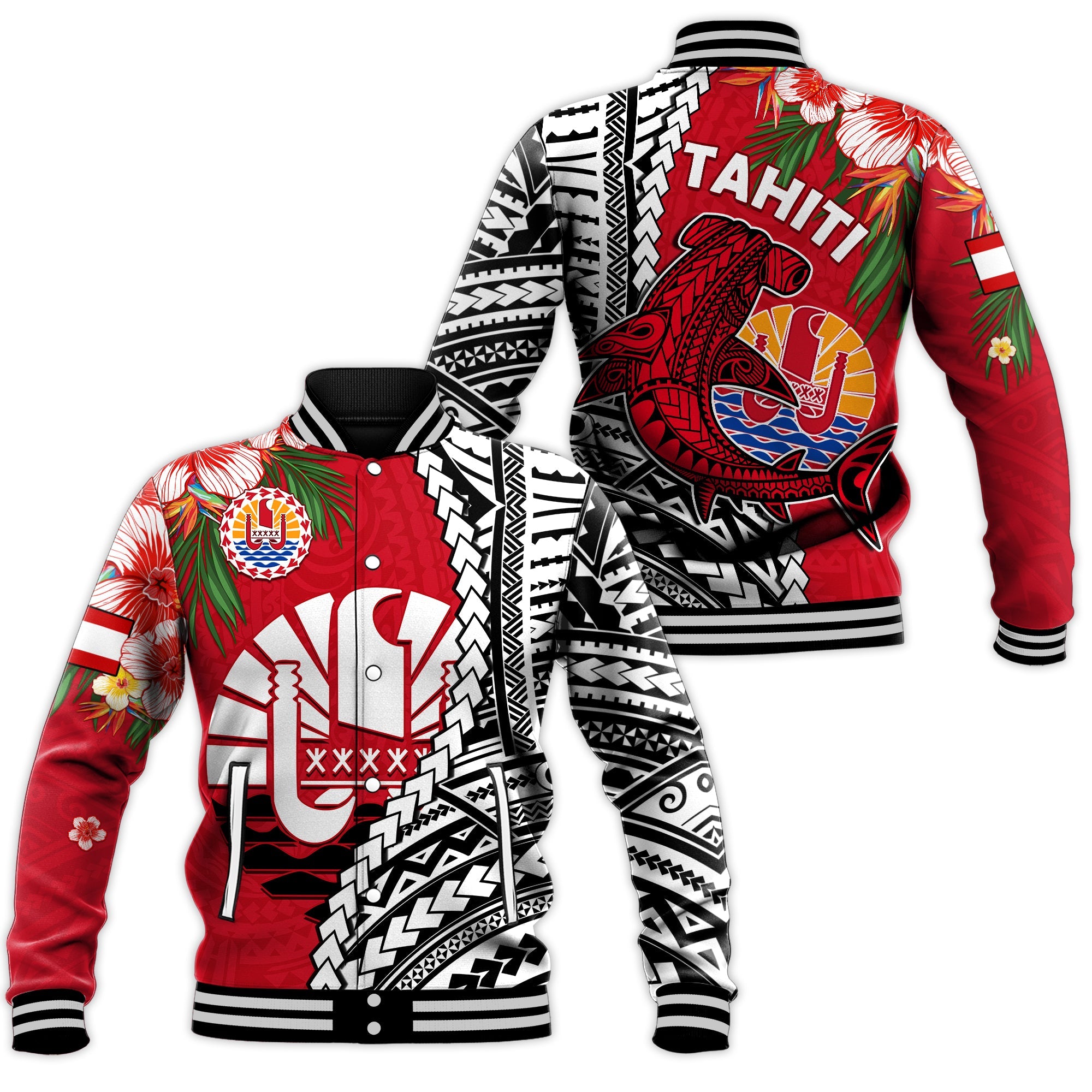 Tahiti Islands Baseball Jacket Polynesian Shark Mix Tropical Flowers LT14 Unisex Red - Polynesian Pride