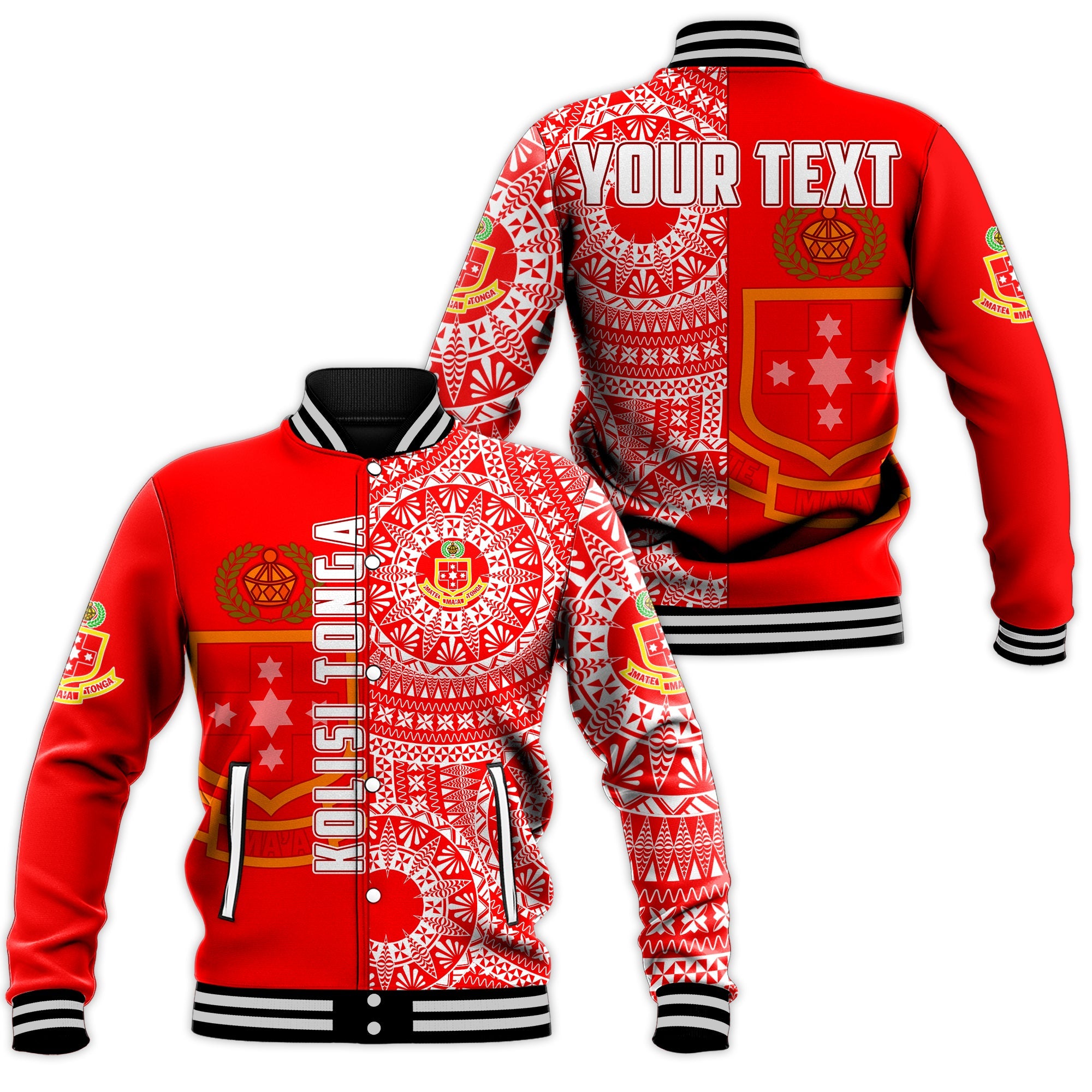 (Custom Personalised) Kolisi Tonga High School Baseball Jacket Tongan Ngatu Pattern LT14 Unisex Red - Polynesian Pride