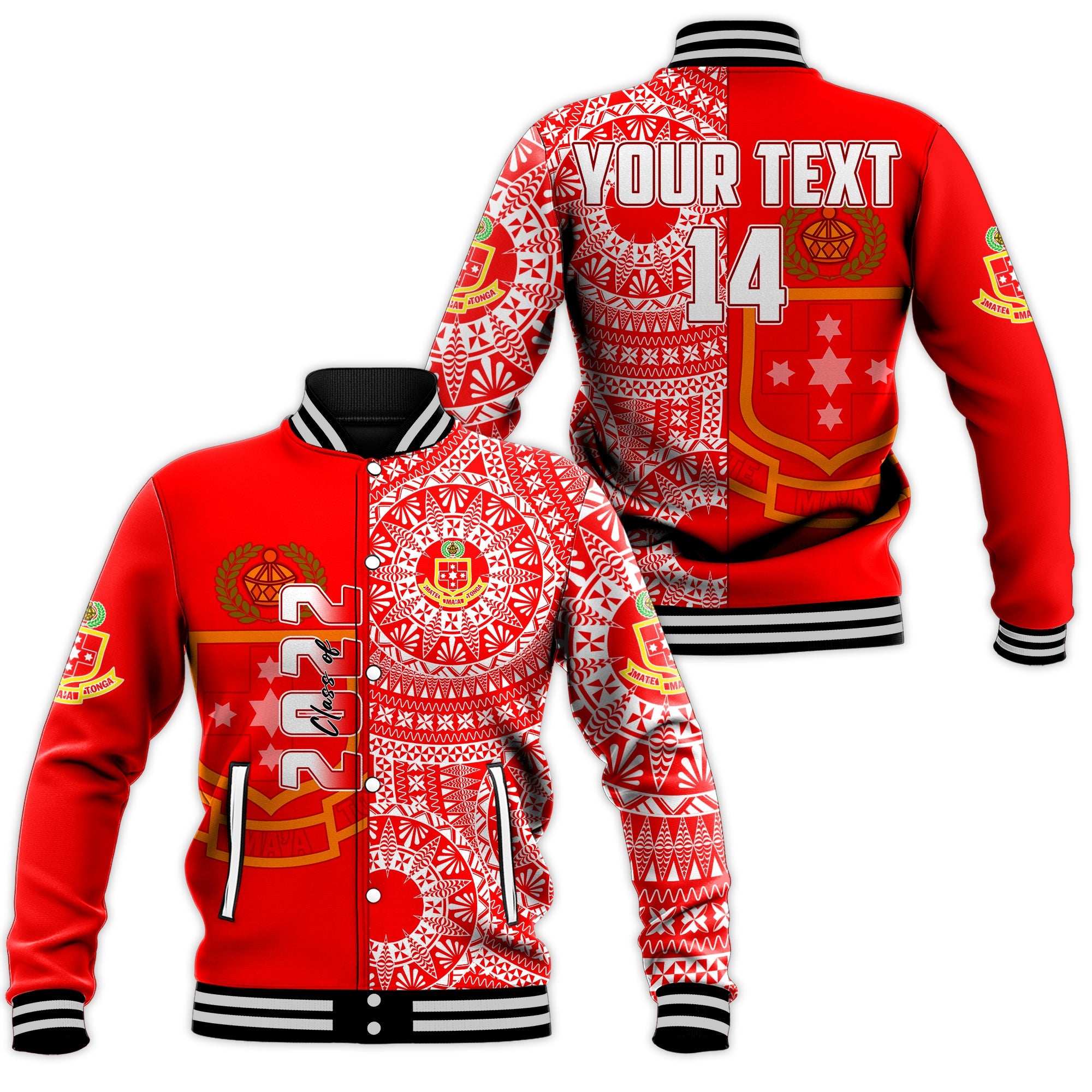 (Custom Text And Number) Kolisi Tonga High School Baseball Jacket Class Of Year Tongan Ngatu Pattern LT14 Unisex Red - Polynesian Pride