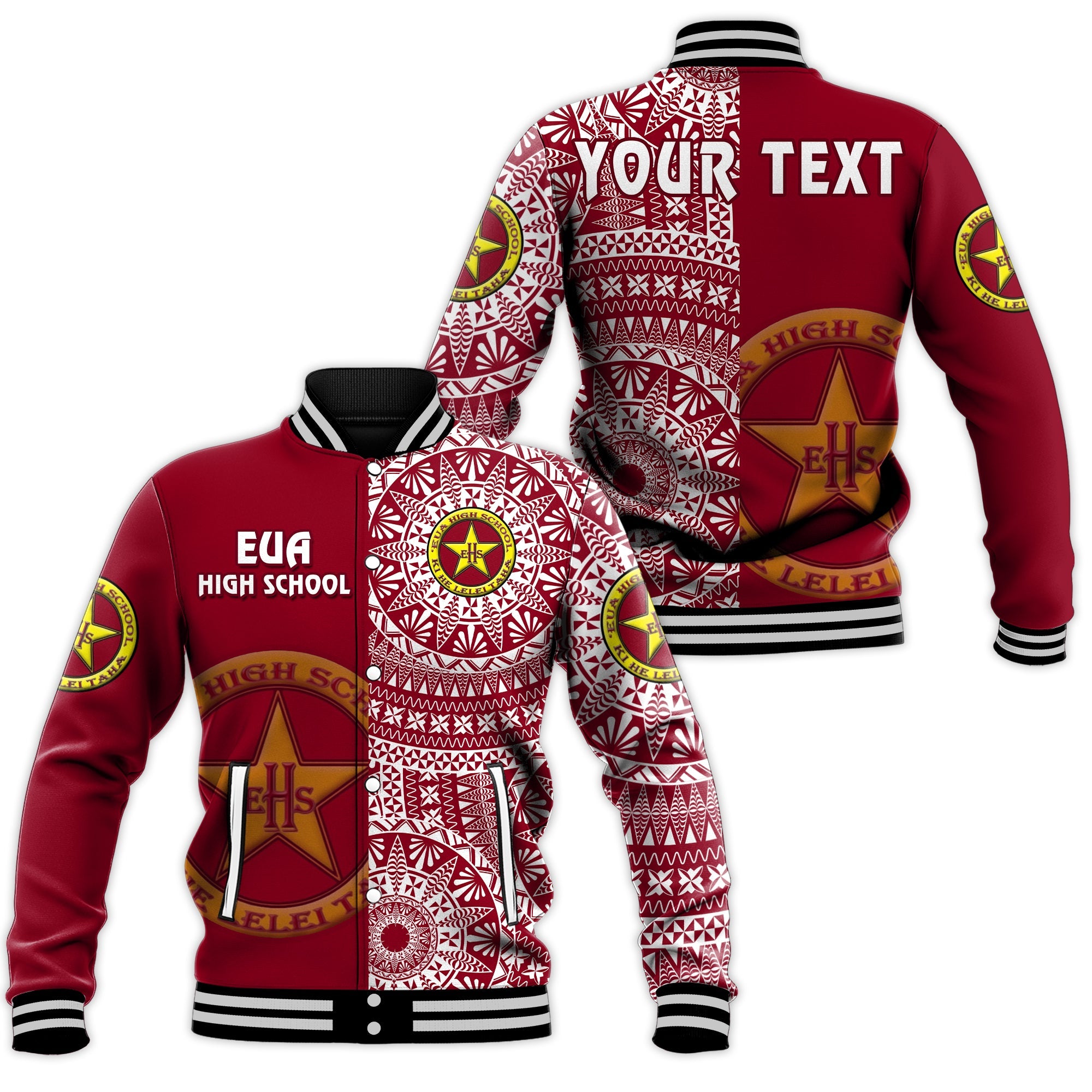 (Custom Personalised) Tonga Eua High School Baseball Jacket Tongan Ngatu Pattern LT14 Unisex Maroon - Polynesian Pride