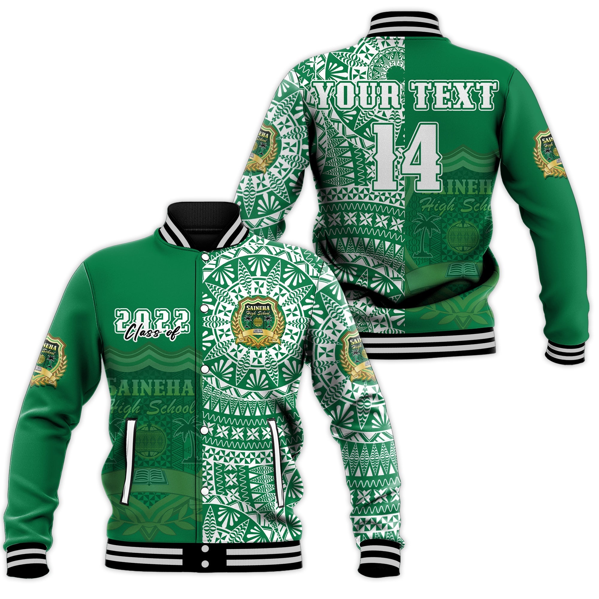 (Custom Text And Number) Tonga Saineha High School Baseball Jacket Class Of Year Tongan Ngatu Pattern LT14 Unisex Green - Polynesian Pride