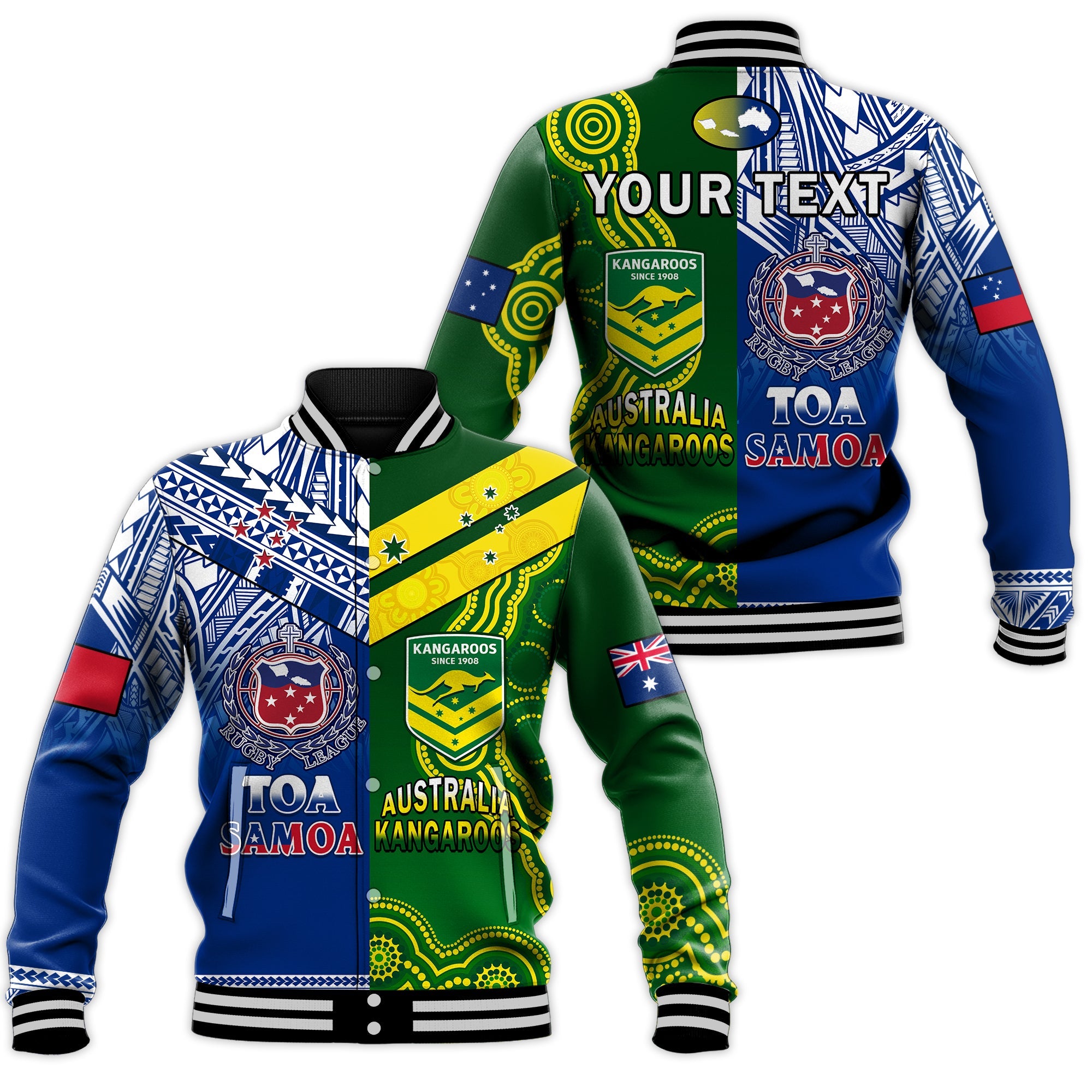 (Custom Personalised) Samoa Rugby and Australia Rugby Baseball Jacket Toa Samoa Mix Kangaroos Pacific LT14 Unisex Art - Polynesian Pride