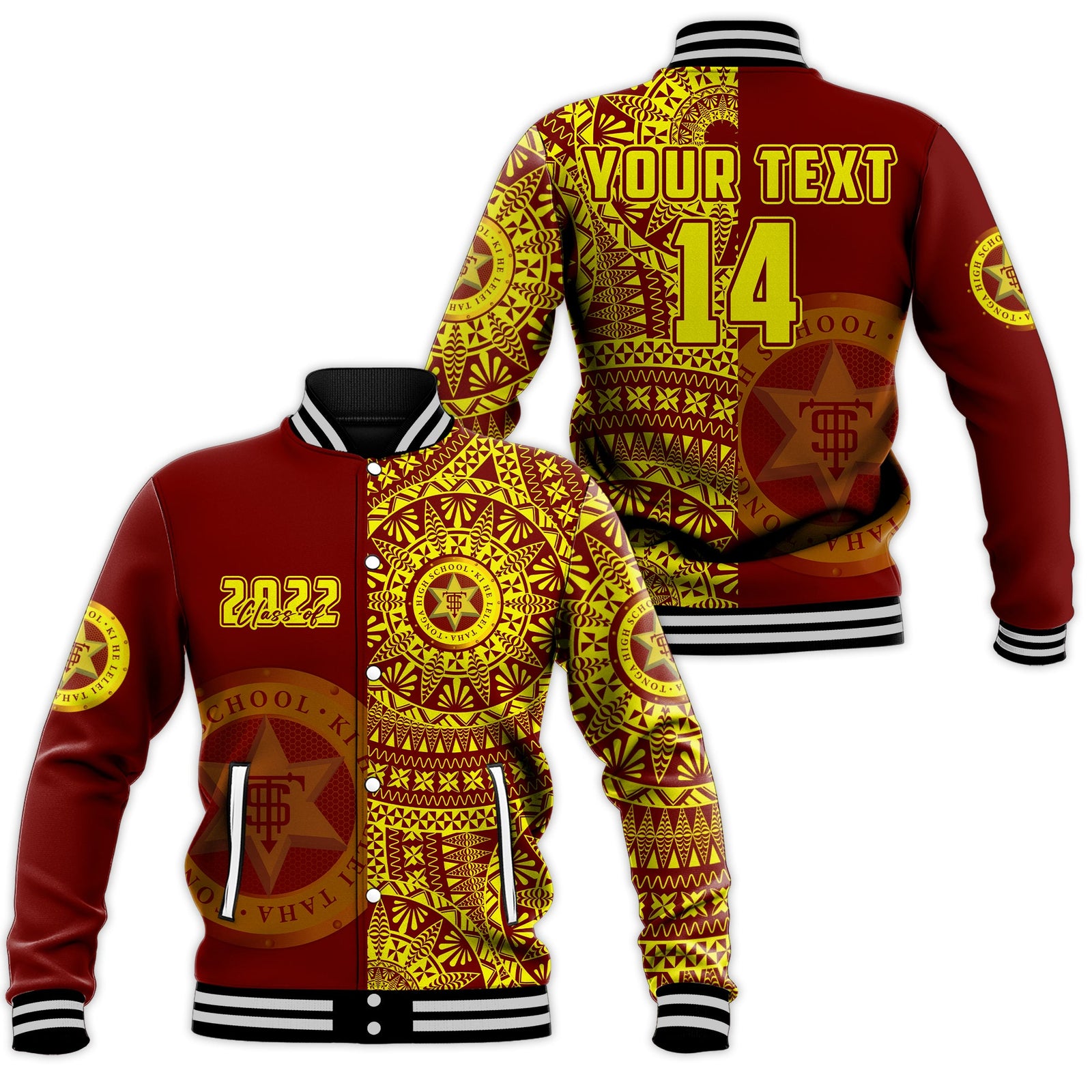 (Custom Text And Number) Tonga High School Baseball Jacket Class Of Year Tongan Ngatu Pattern LT14 Unisex Red - Polynesian Pride
