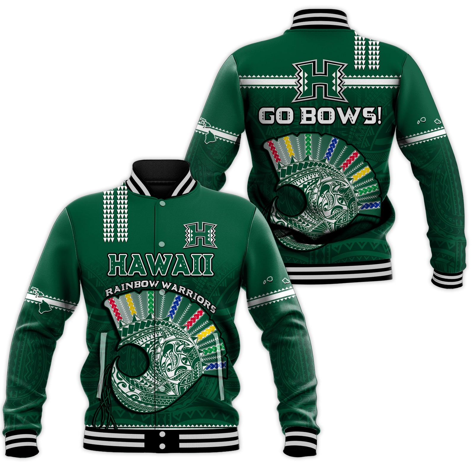 Hawaii Football Baseball Jacket Kakau Rainbow Warriors Helmet Go Bows LT14 Unisex Green - Polynesian Pride