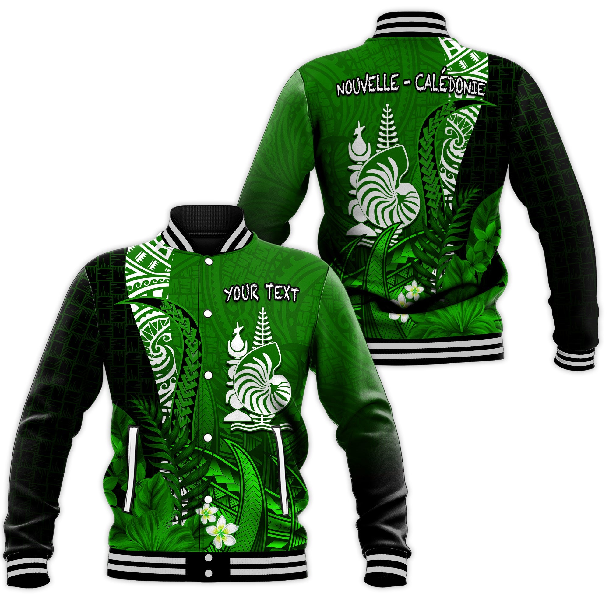 (Custom Personalised) New Caledonia Baseball Jacket Nautilus Green Polynesian Hibiscus LT13 Unisex Green - Polynesian Pride