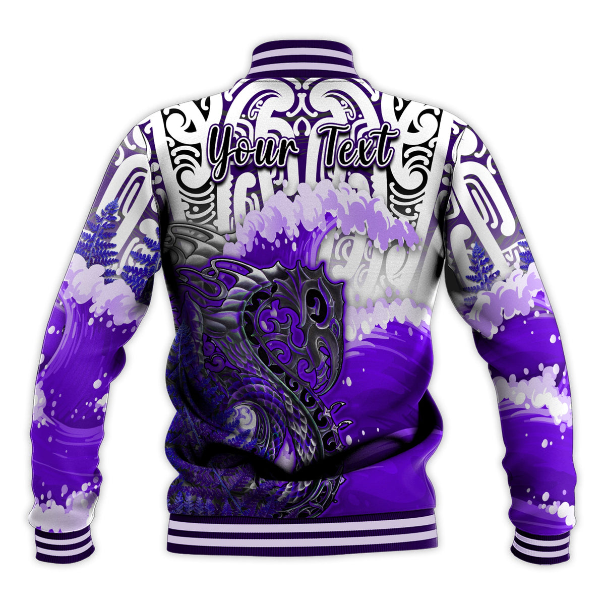 (Custom Personalised) Manaia Maori Baseball Jacket Fern Aotearoa Purple Waves LT13 - Polynesian Pride