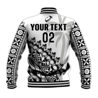 (Custom Text And Number) Fiji Rugby Baseball Jacket Fijian Cibi Dance Tapa Pattern White LT14 - Polynesian Pride