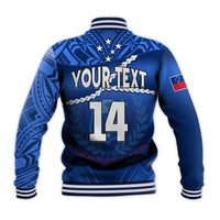 (Custom Text And Number) Samoa Rugby Baseball Jacket Manu Samoa Polynesian Hibiscus Blue Style LT14 - Polynesian Pride