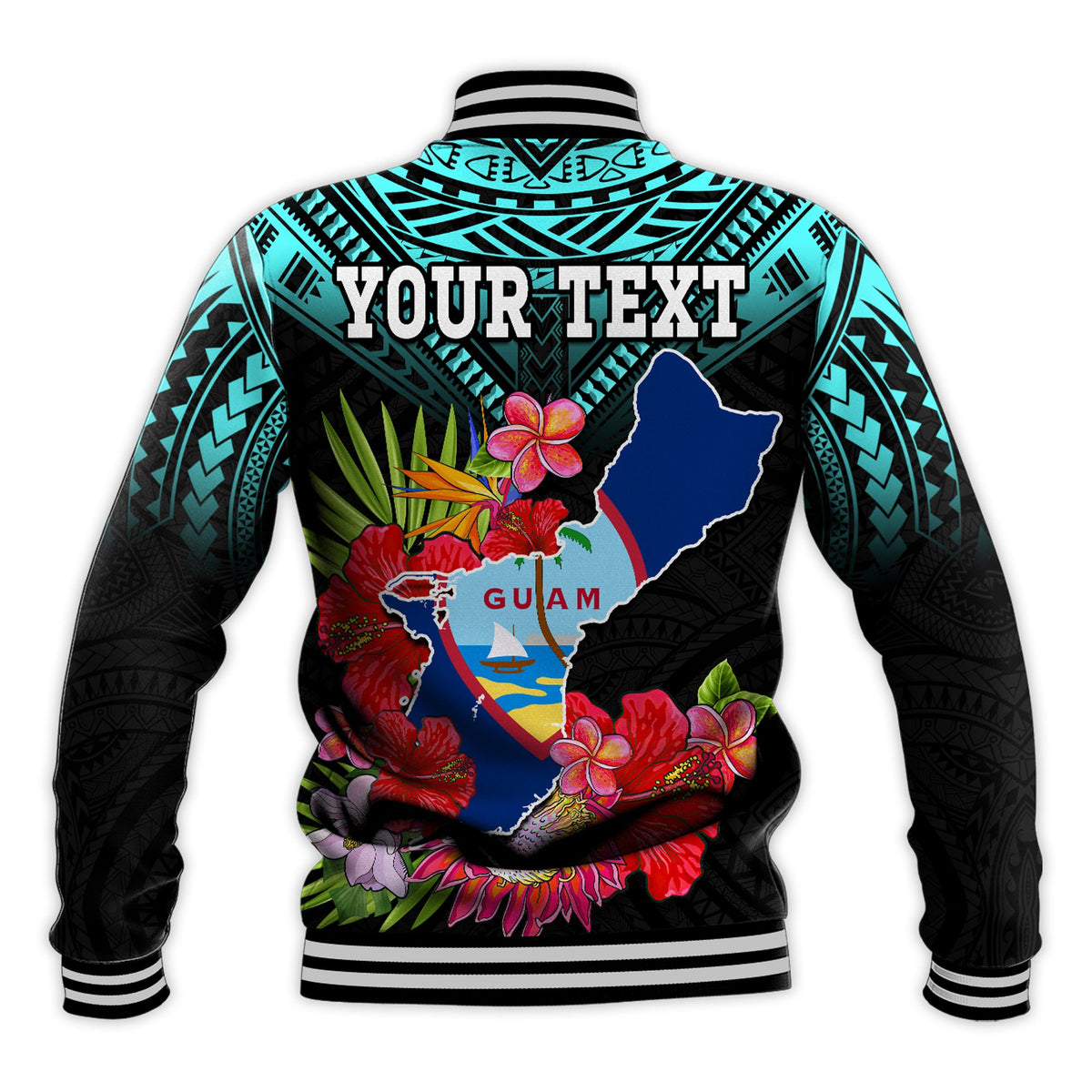 (Custom Personalised) Guam Chamorro Baseball Jacket Guaman Latte Stone Tropical Flowers Turquoise Style LT14 - Polynesian Pride