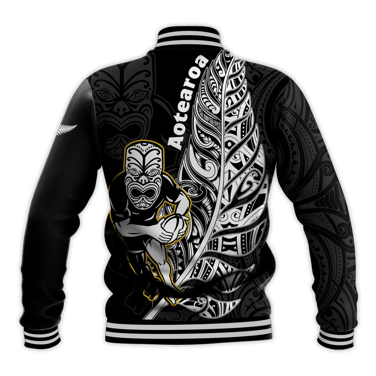 New Zealand Silver Fern Rugby Baseball Jacket All Black Maori Version Black LT14 - Polynesian Pride