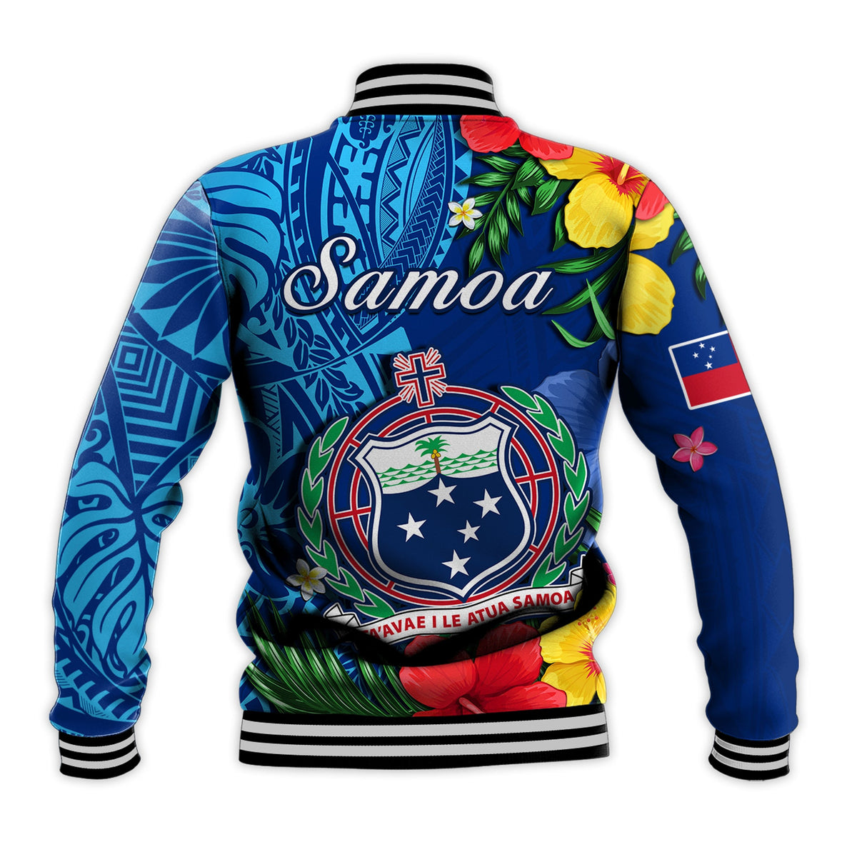 Samoa Baseball Jacket Coat Of Arms Mix Tropical Flowers LT14 - Polynesian Pride