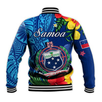Samoa Baseball Jacket Coat Of Arms Mix Tropical Flowers LT14 - Polynesian Pride