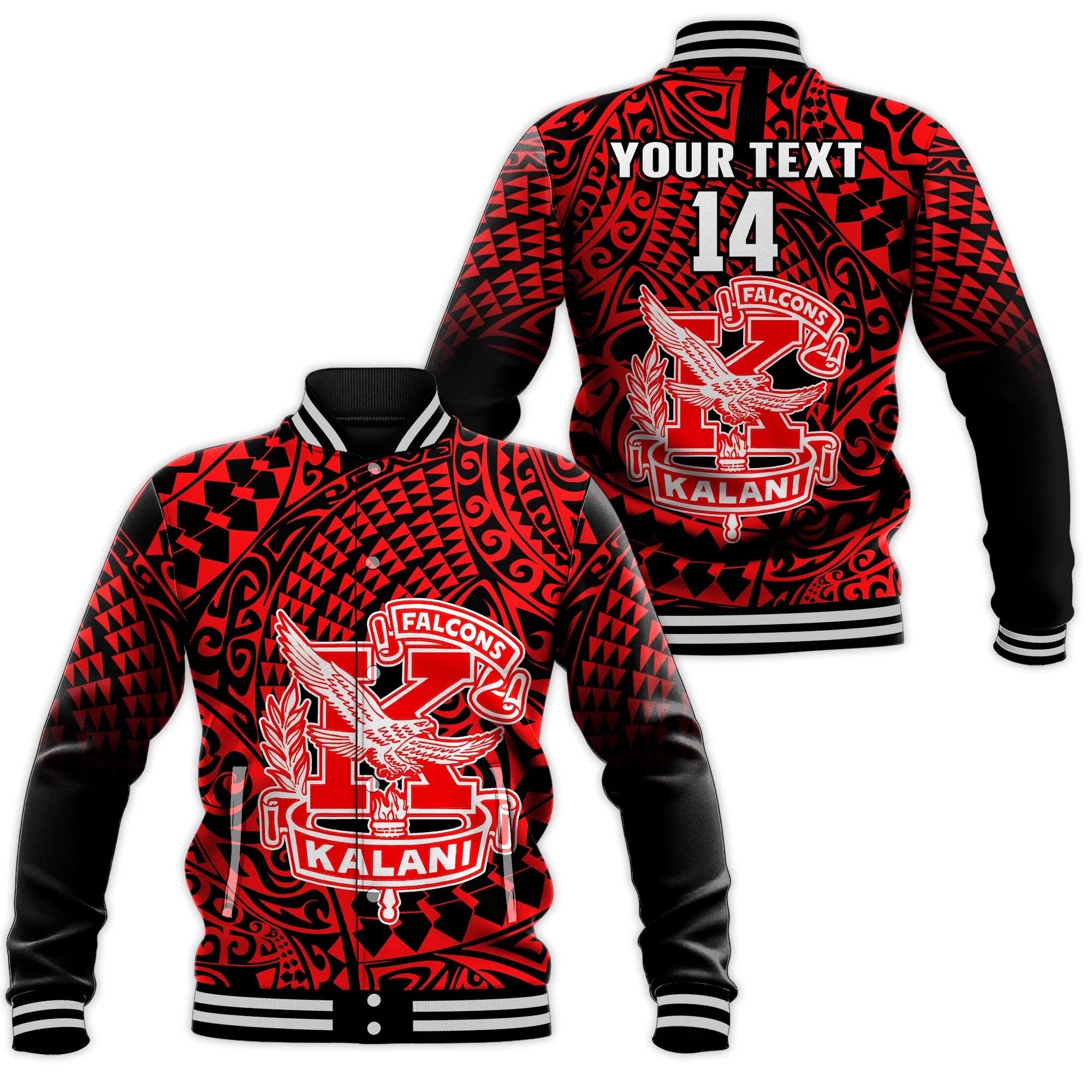 (Custom Text And Number) Hawaii Baseball Jacket Kalani High School Tribal Kakau LT14 Unisex Red - Polynesian Pride