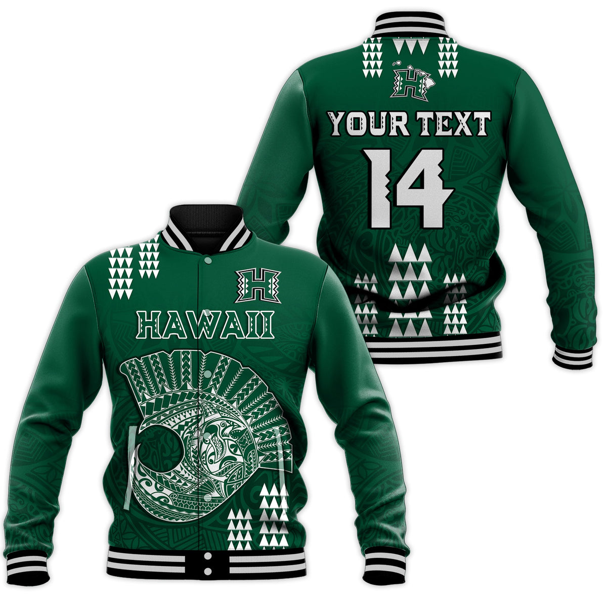 (Custom Text And Number) Hawaii Football Baseball Jacket Kakau Rainbow Warriors Helmet LT14 Unisex Green - Polynesian Pride