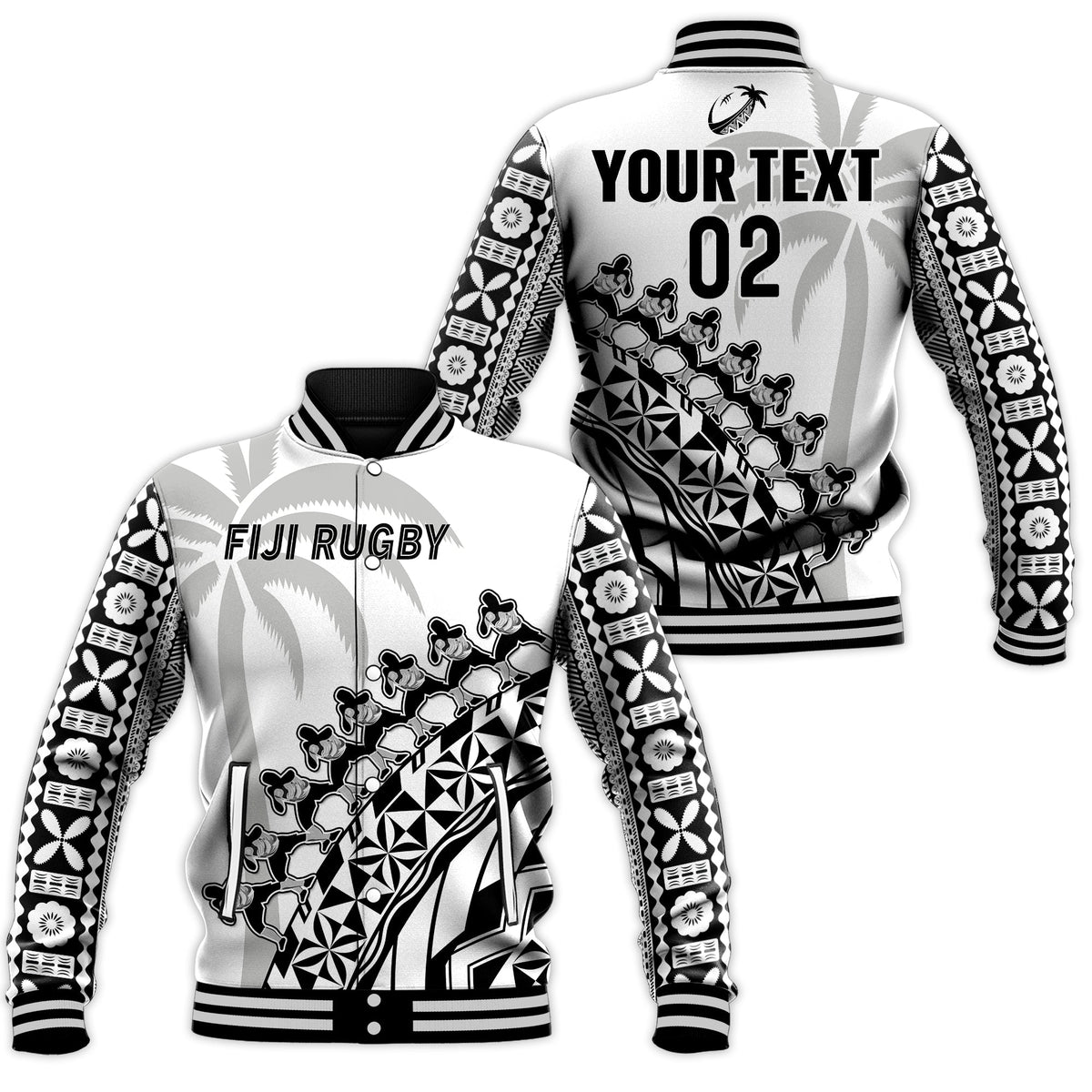 (Custom Text And Number) Fiji Rugby Baseball Jacket Fijian Cibi Dance Tapa Pattern White LT14 Unisex White - Polynesian Pride