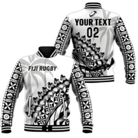 (Custom Text And Number) Fiji Rugby Baseball Jacket Fijian Cibi Dance Tapa Pattern White LT14 Unisex White - Polynesian Pride