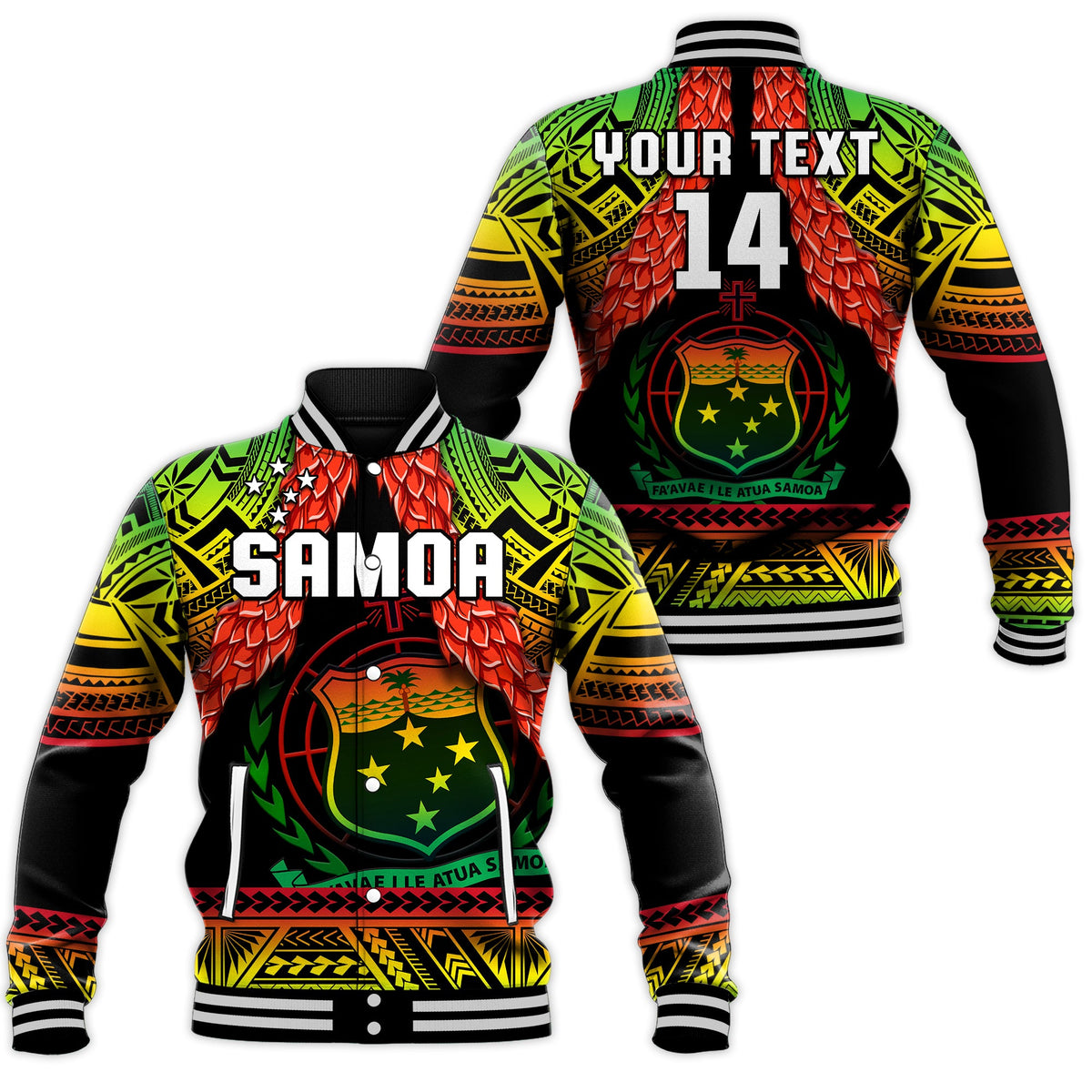 (Custom Text And Number) Samoa Rugby Baseball Jacket Teuila Torch Ginger Gradient Style LT14 Unisex Black - Polynesian Pride