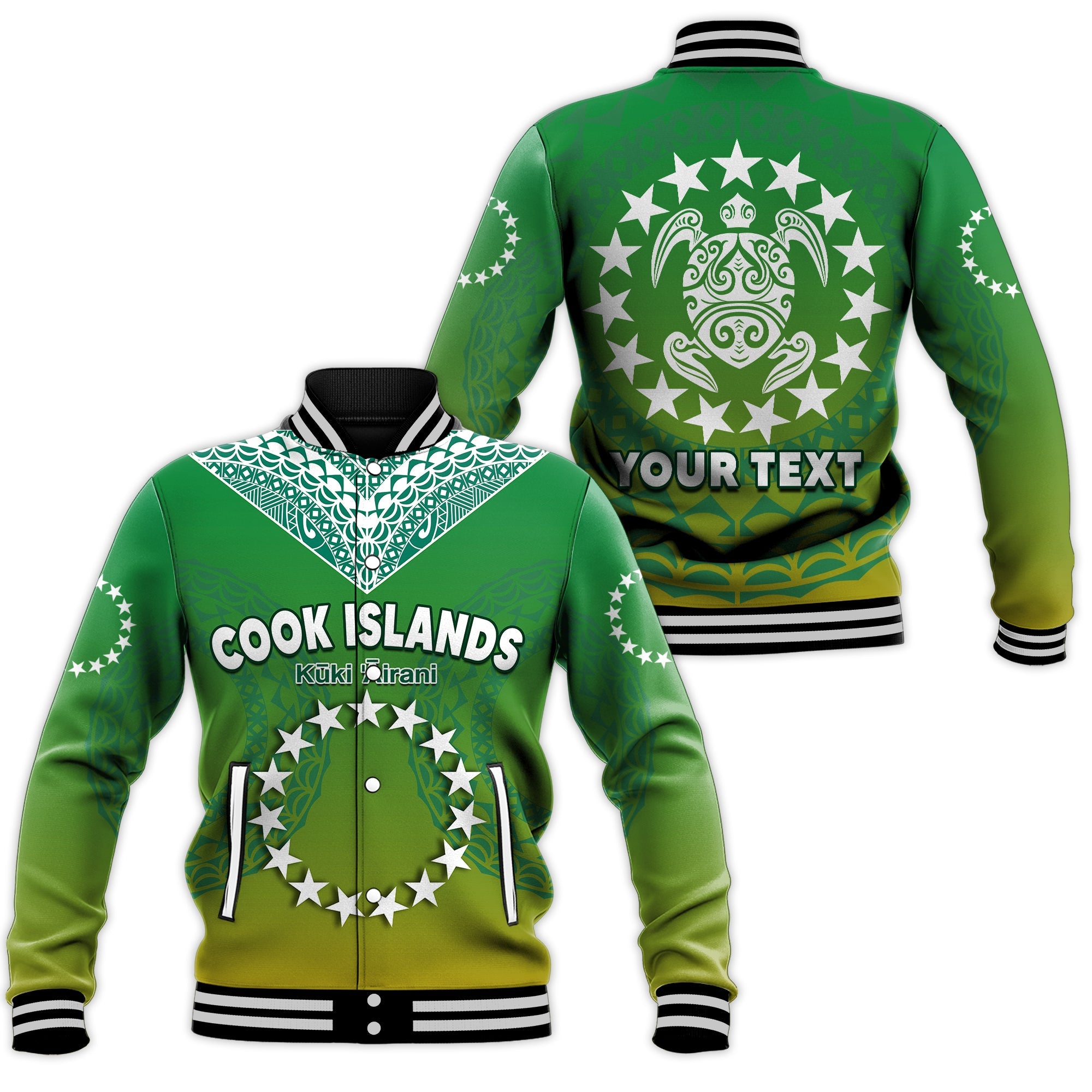 (Custom Personalised) Cook Islands Baseball Jacket Circle Pattern Mix Sea Turtle Green Version LT14 Unisex Green - Polynesian Pride