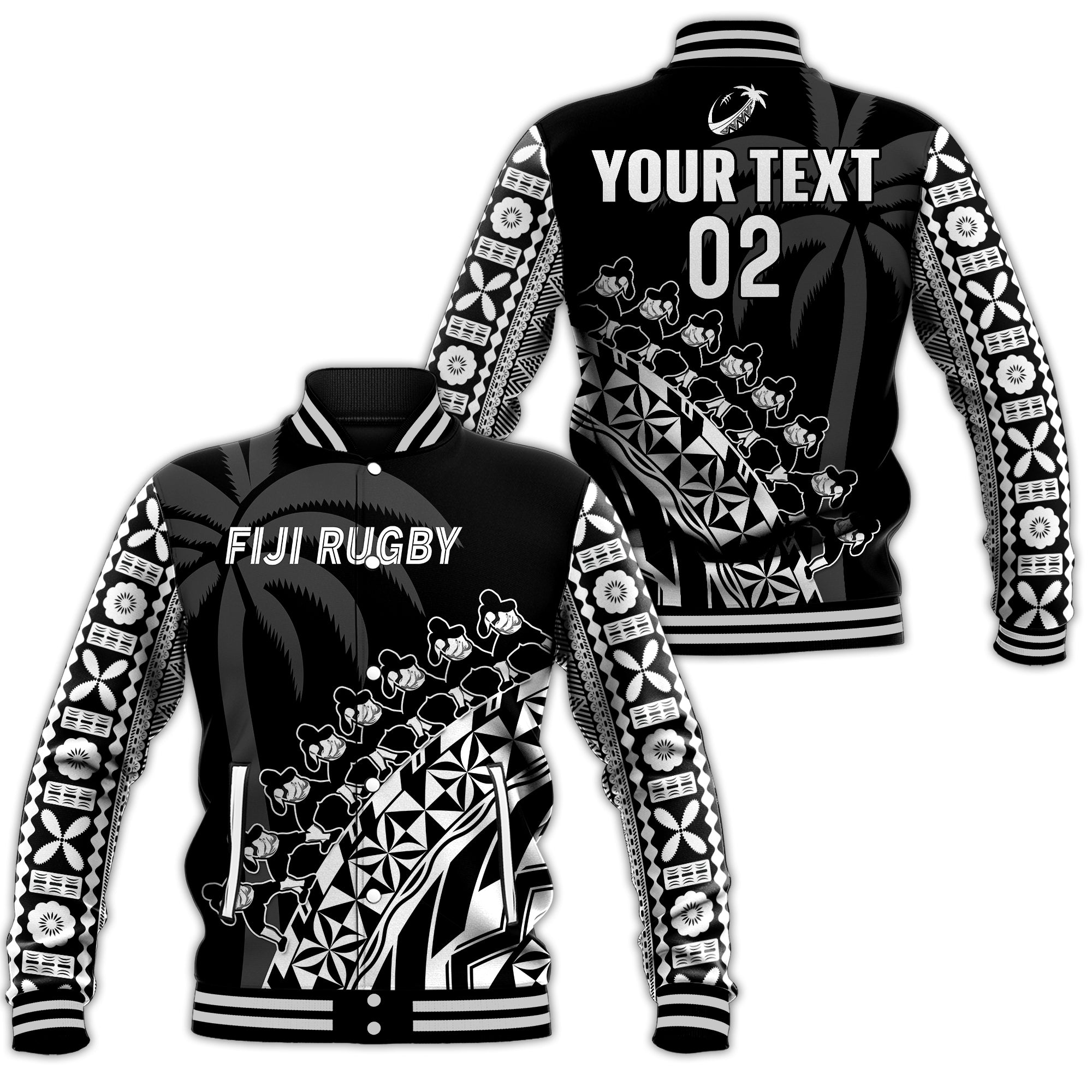 (Custom Text And Number) Fiji Rugby Baseball Jacket Fijian Cibi Dance Tapa Pattern Black LT14 Unisex Black - Polynesian Pride