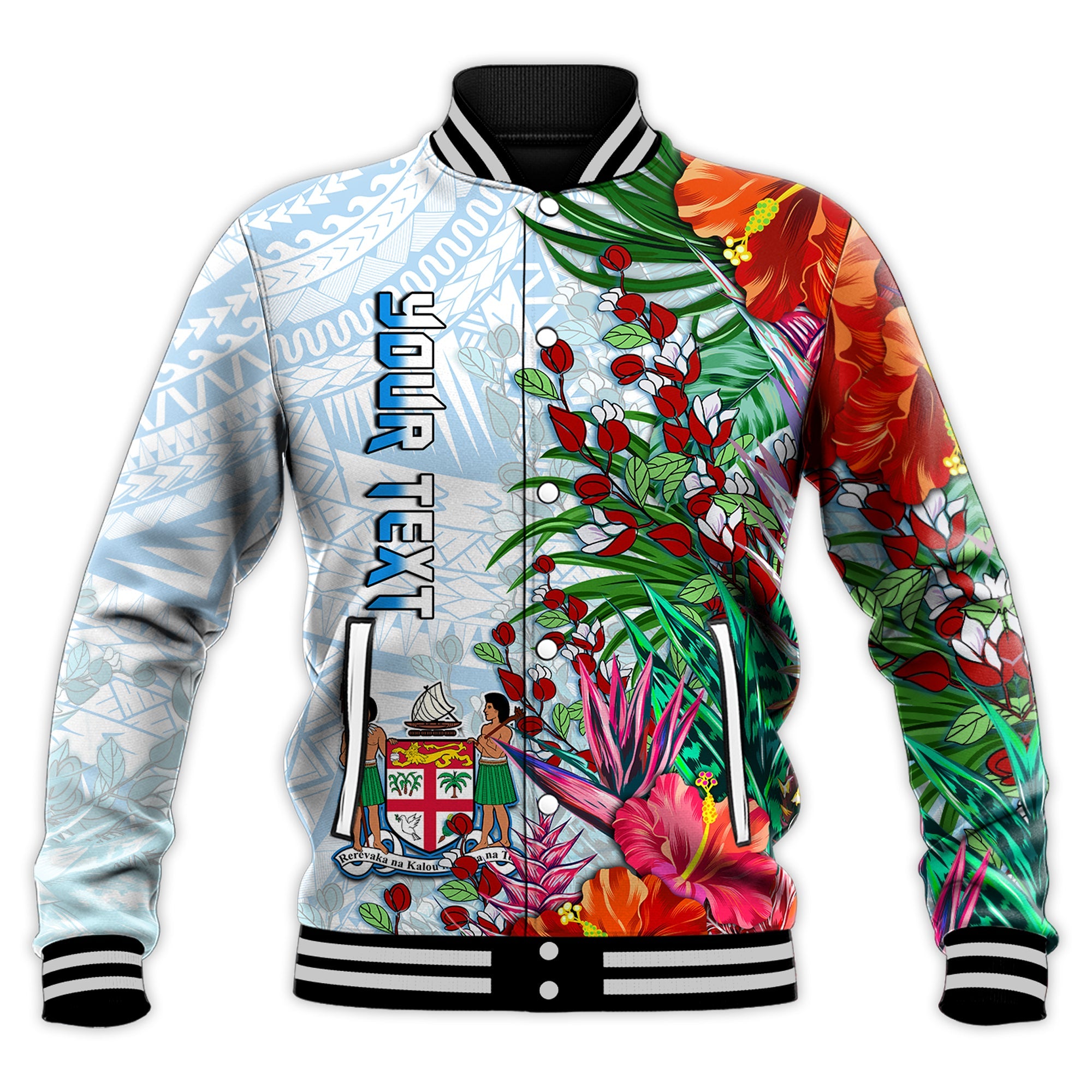 (Custom Personalised) Fiji Baseball Jacket Proud Fijian Tapa mix Tagimoucia Flowers LT13 Unisex White - Polynesian Pride