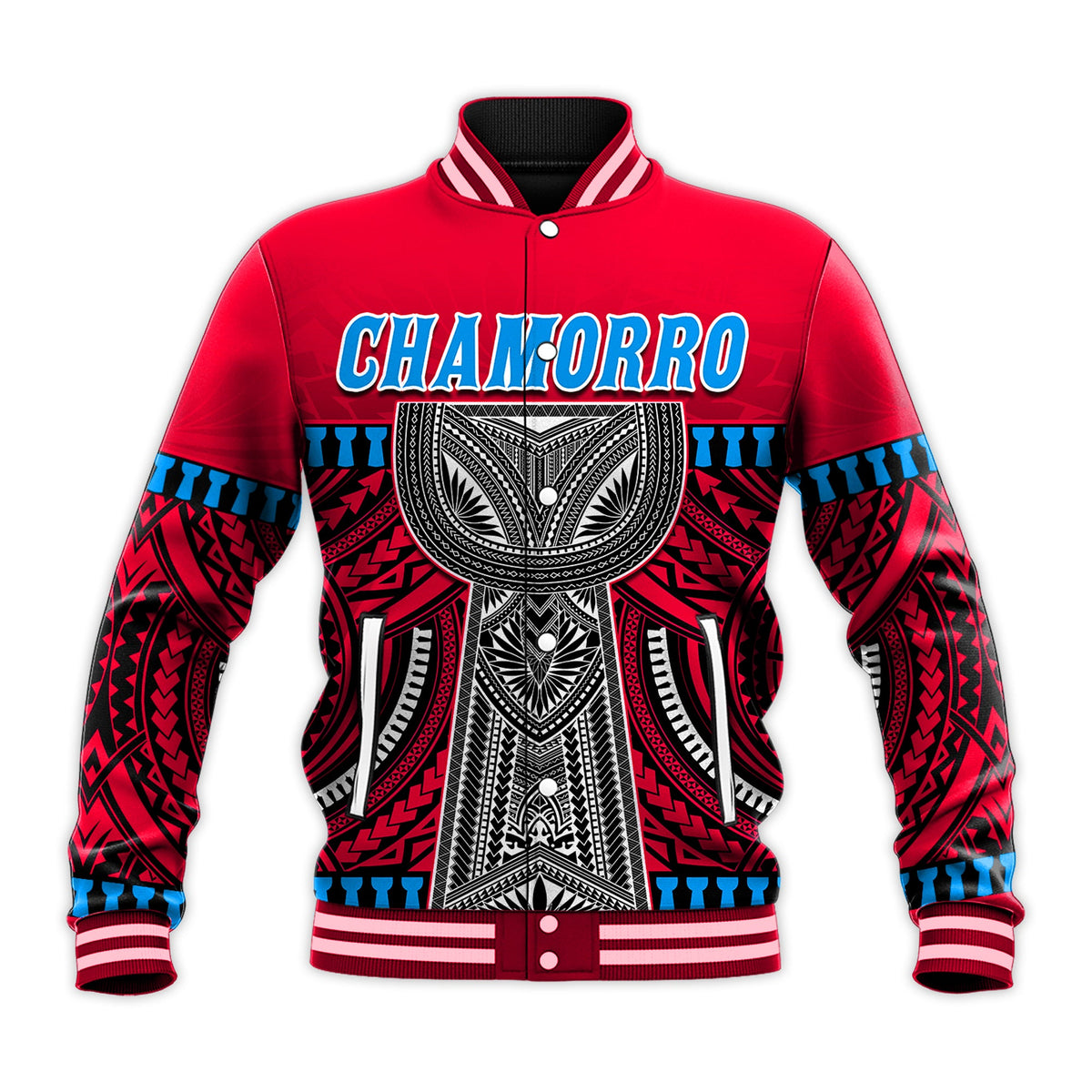 (Custom Personalised) Guam Chamorro Baseball Jacket Latte Stone Red Polynesian Haligi LT13 - Polynesian Pride