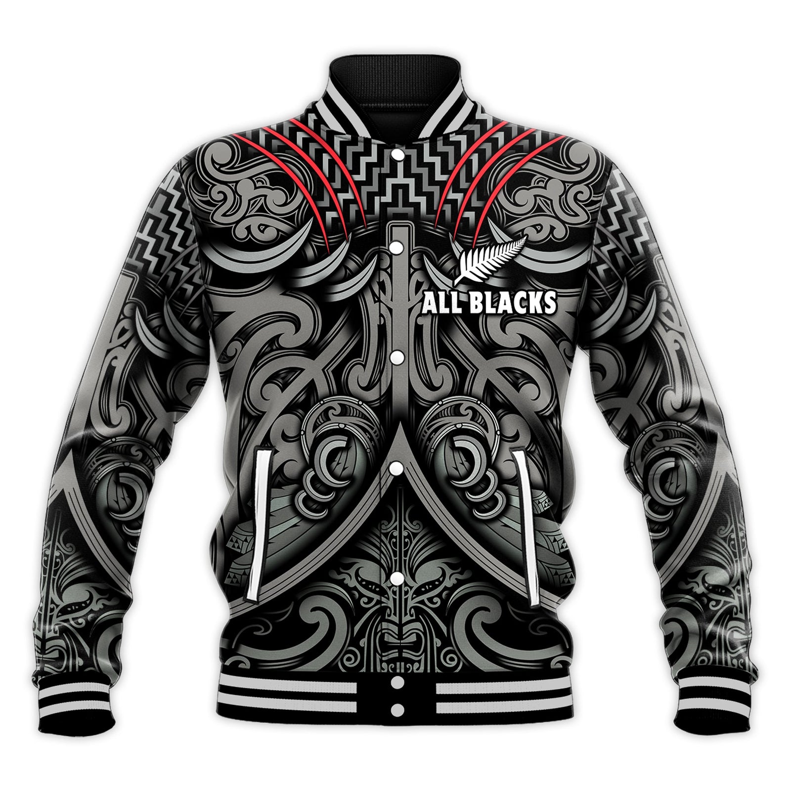 New Zealand Silver Fern Rugby Baseball Jacket All Black NZ Maori Pattern LT13 Unisex Black - Polynesian Pride
