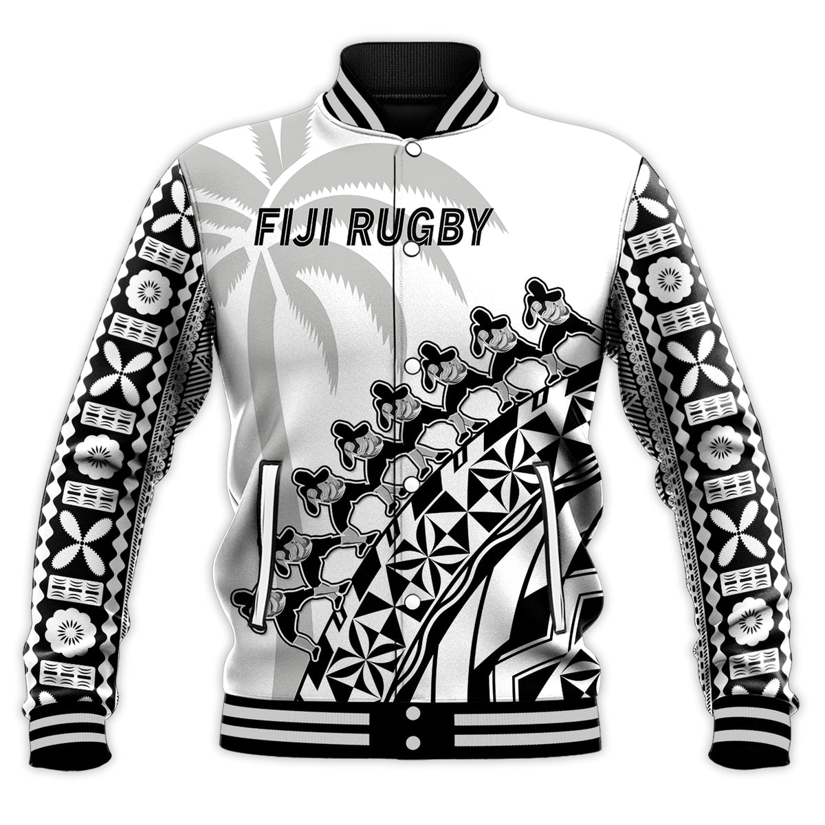 (Custom Text And Number) Fiji Rugby Baseball Jacket Fijian Cibi Dance Tapa Pattern White LT14 - Polynesian Pride