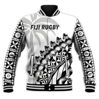 (Custom Text And Number) Fiji Rugby Baseball Jacket Fijian Cibi Dance Tapa Pattern White LT14 - Polynesian Pride