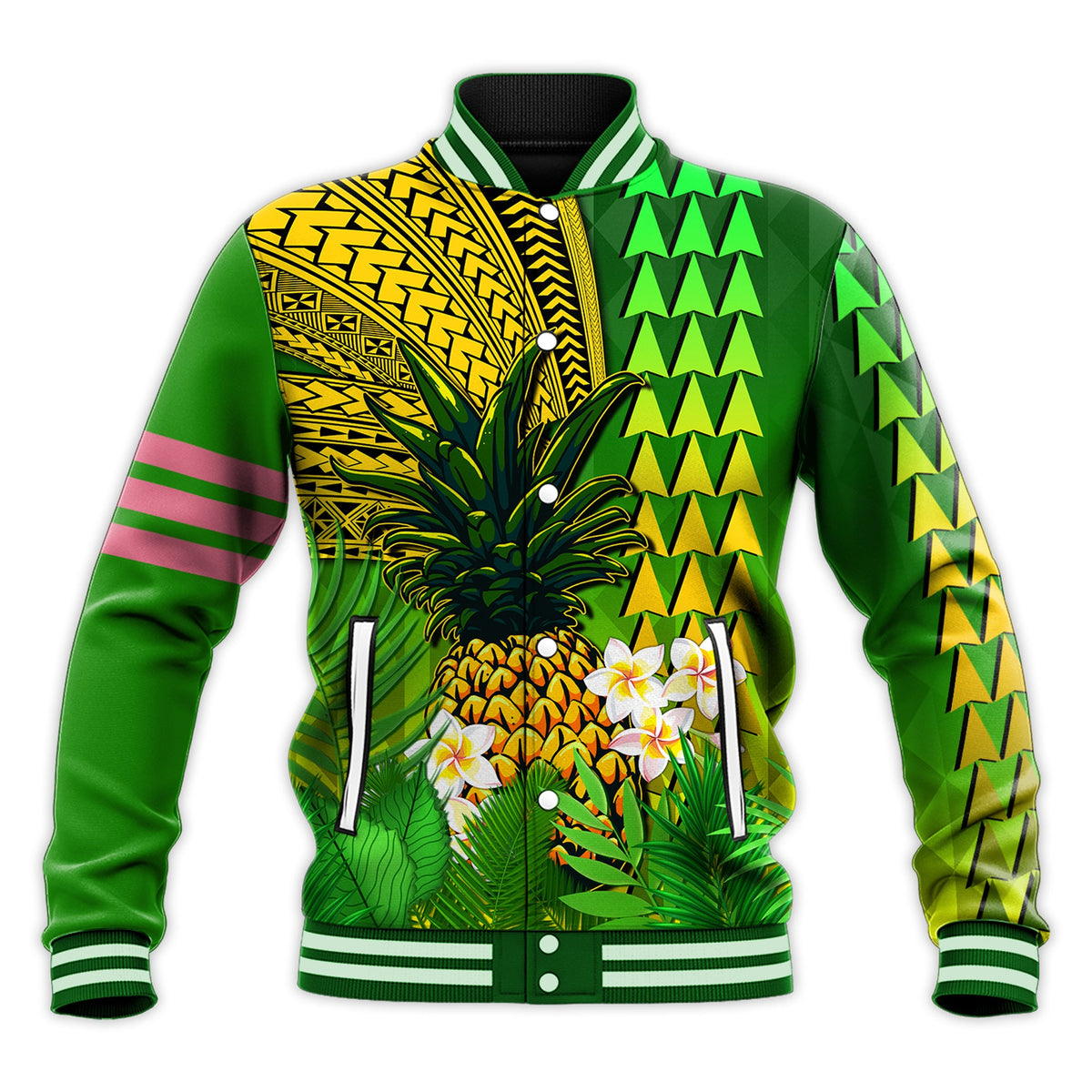 Hawaii Pineapple Baseball Jacket Plumeria Frangipani Mix Tribal Pattern LT13 - Polynesian Pride