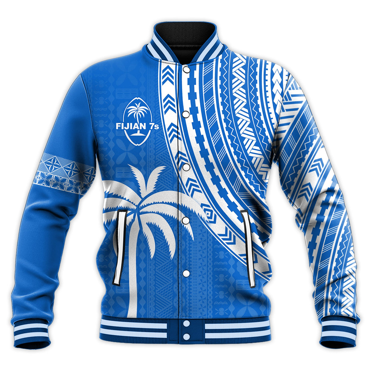 (Custom Text and Number) Fiji Rugby Sevens Baseball Jacket Fijian 7s Tapa Polynesian Blue Ver.01 LT13 - Polynesian Pride