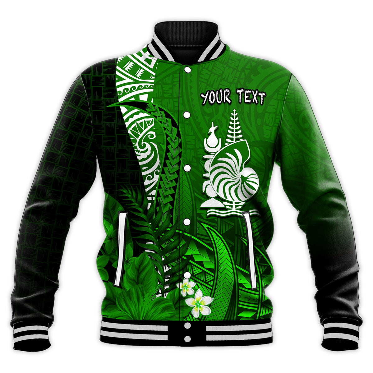 (Custom Personalised) New Caledonia Baseball Jacket Nautilus Green Polynesian Hibiscus LT13 - Polynesian Pride