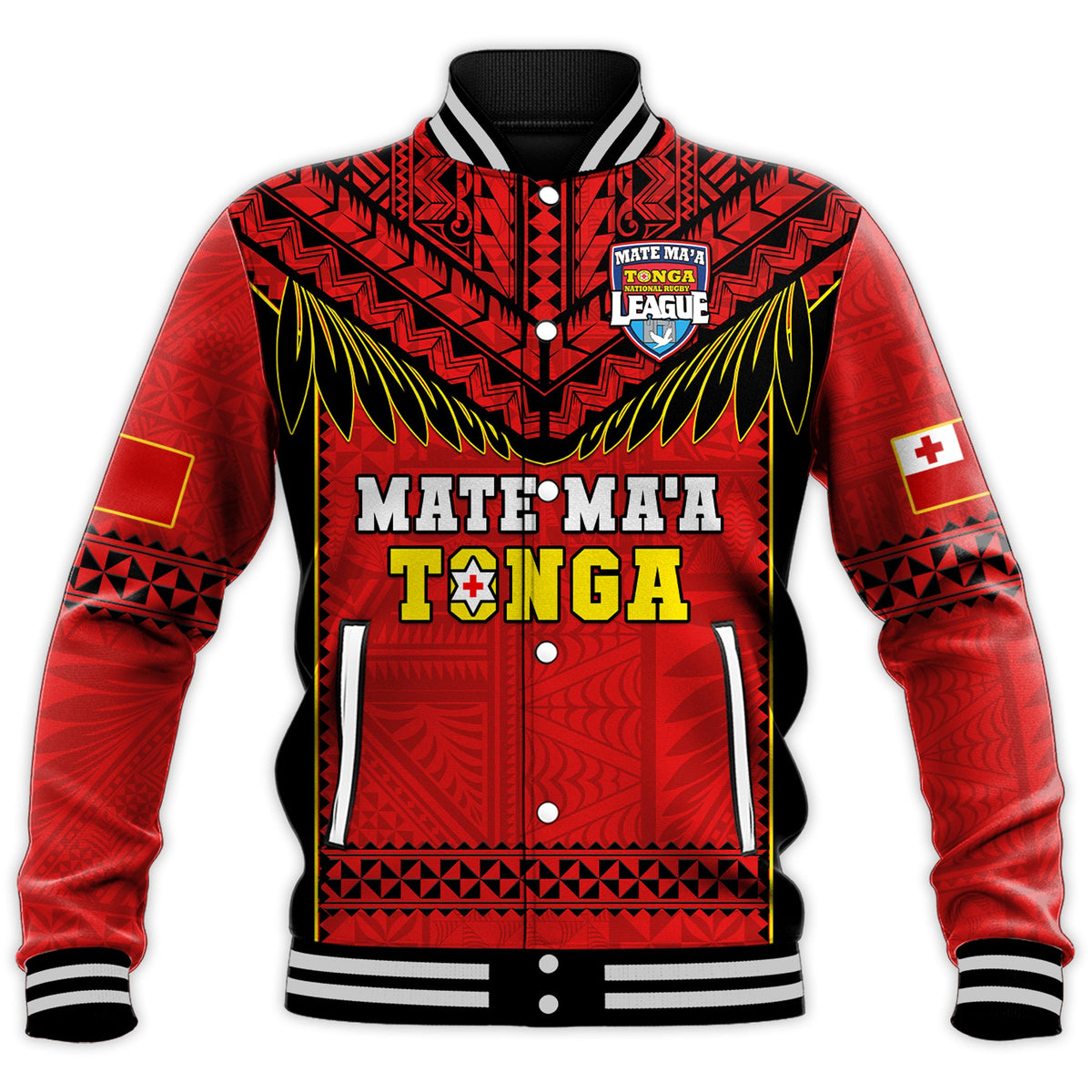 (Custom Text And Number) Tonga Rugby Baseball Jacket Mate Maa Tonga Pacific Ngatu Black LT14 - Polynesian Pride