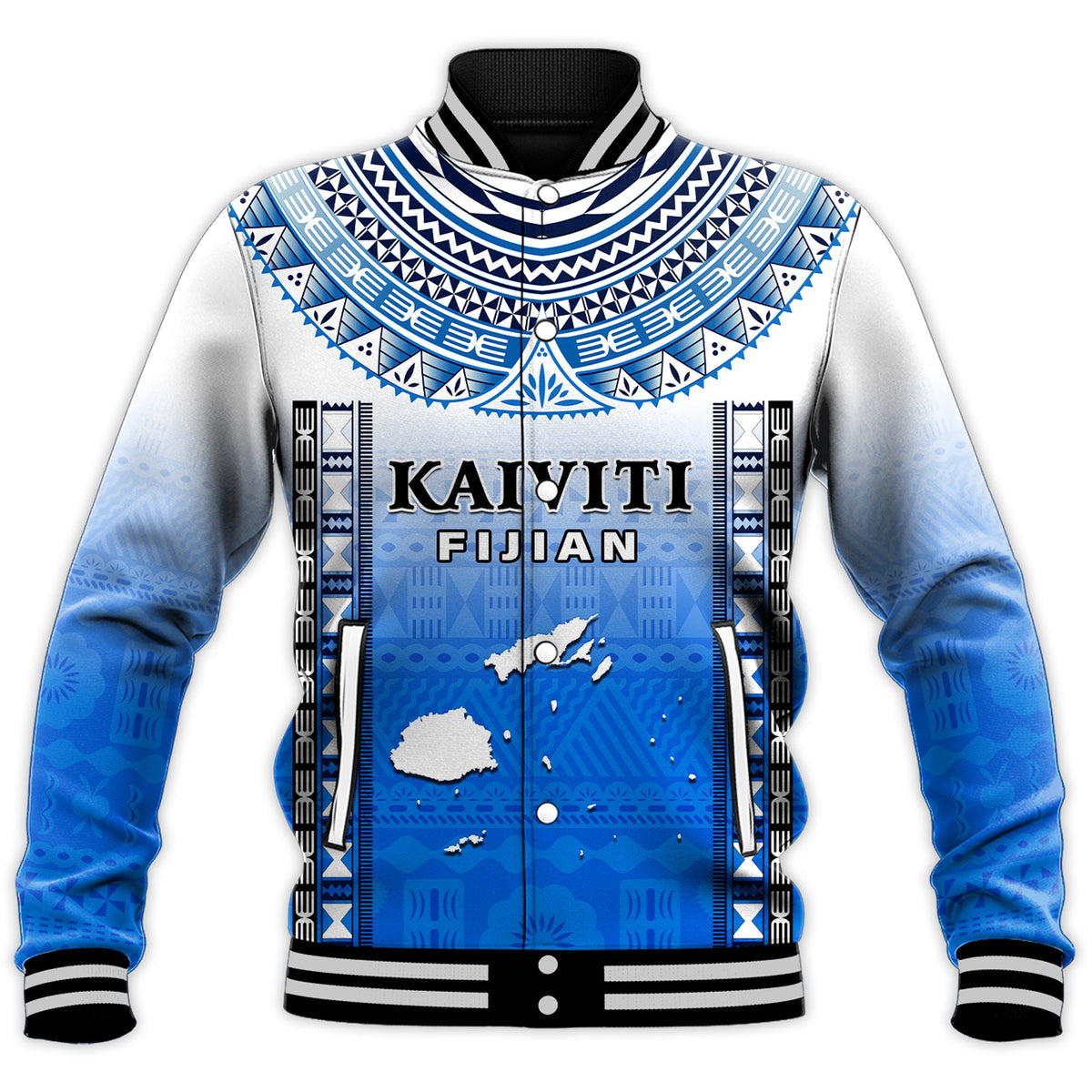 Fiji Baseball Jacket Kaiviti Fijian Special Tapa Pattern LT14 Unisex Blue - Polynesian Pride