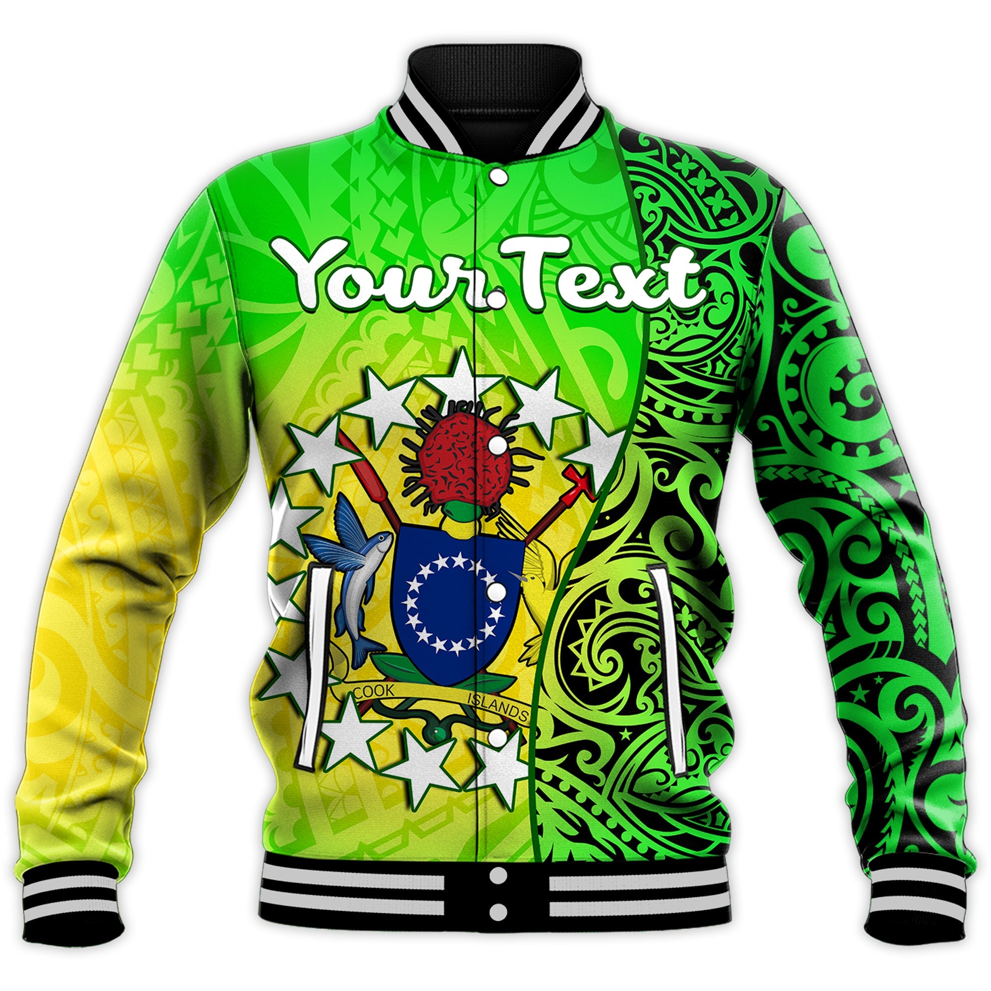 (Custom Personalised) Cook Islands Baseball Jacket Cook Islands Coat Of Arms Turtle Polynesian LT14 Unisex Green - Polynesian Pride