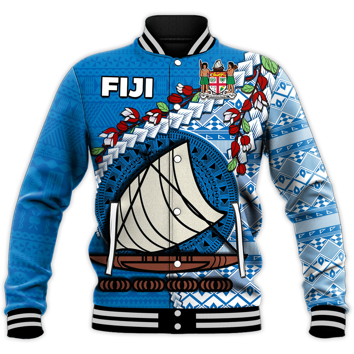 (Custom Personalised) Fiji Baseball Jacket Fijian Drua Mix Tagimaucia Flower Blue Style LT14 - Polynesian Pride
