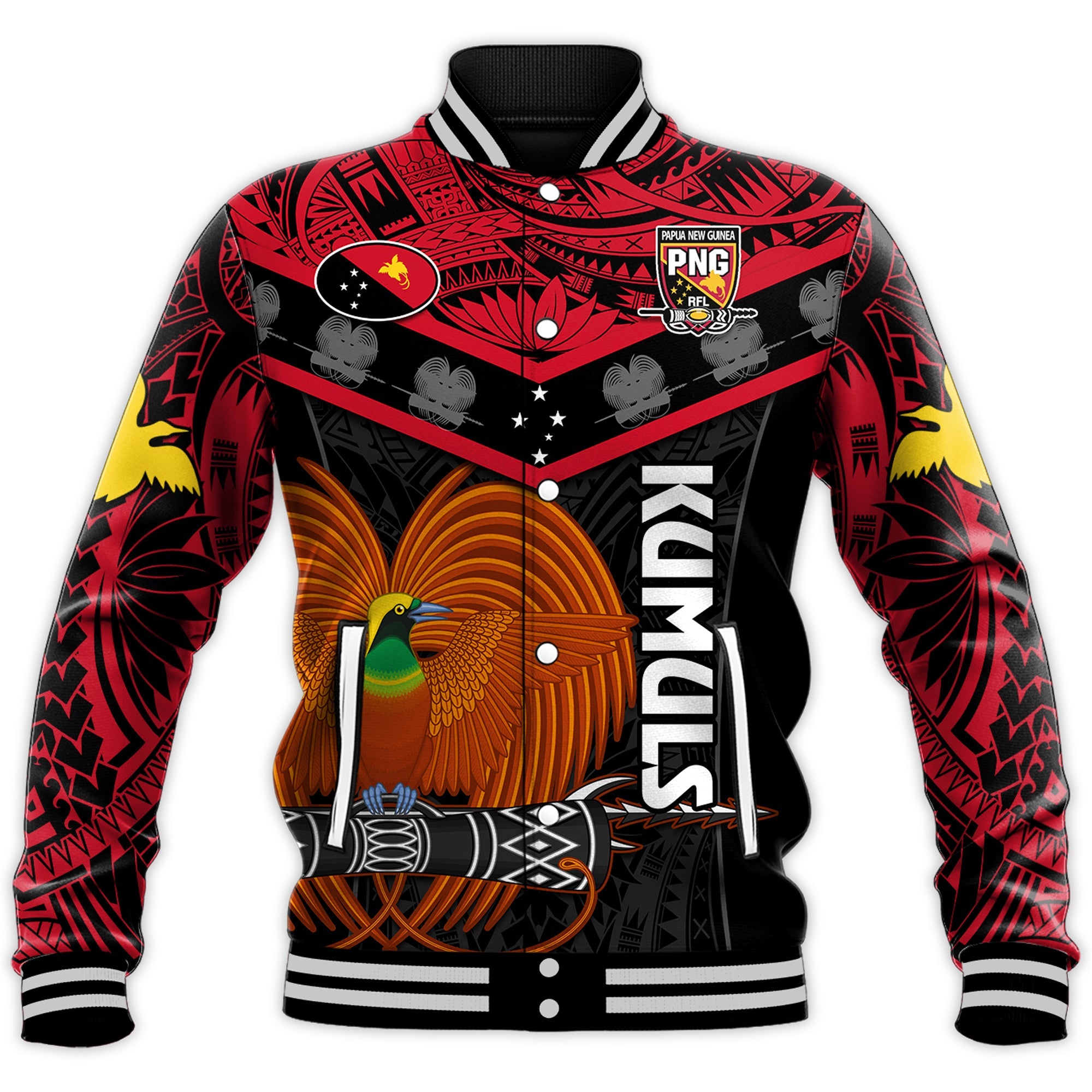 (Custom Text And Number) Papua New Guinea Rugby Baseball Jacket PNG Kumuls Bird Of Paradise Black LT14 Unisex Black - Polynesian Pride