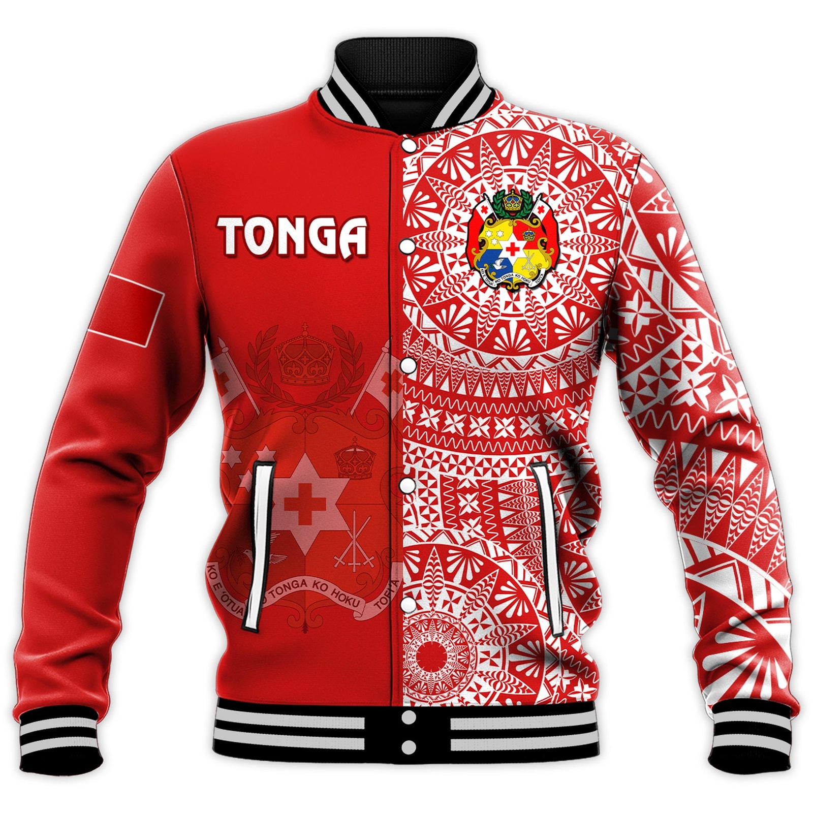 (Custom Text And Number) Tonga Baseball Jacket Tongan Coat Of Arms Ngatu Pattern LT14 Unisex Red - Polynesian Pride