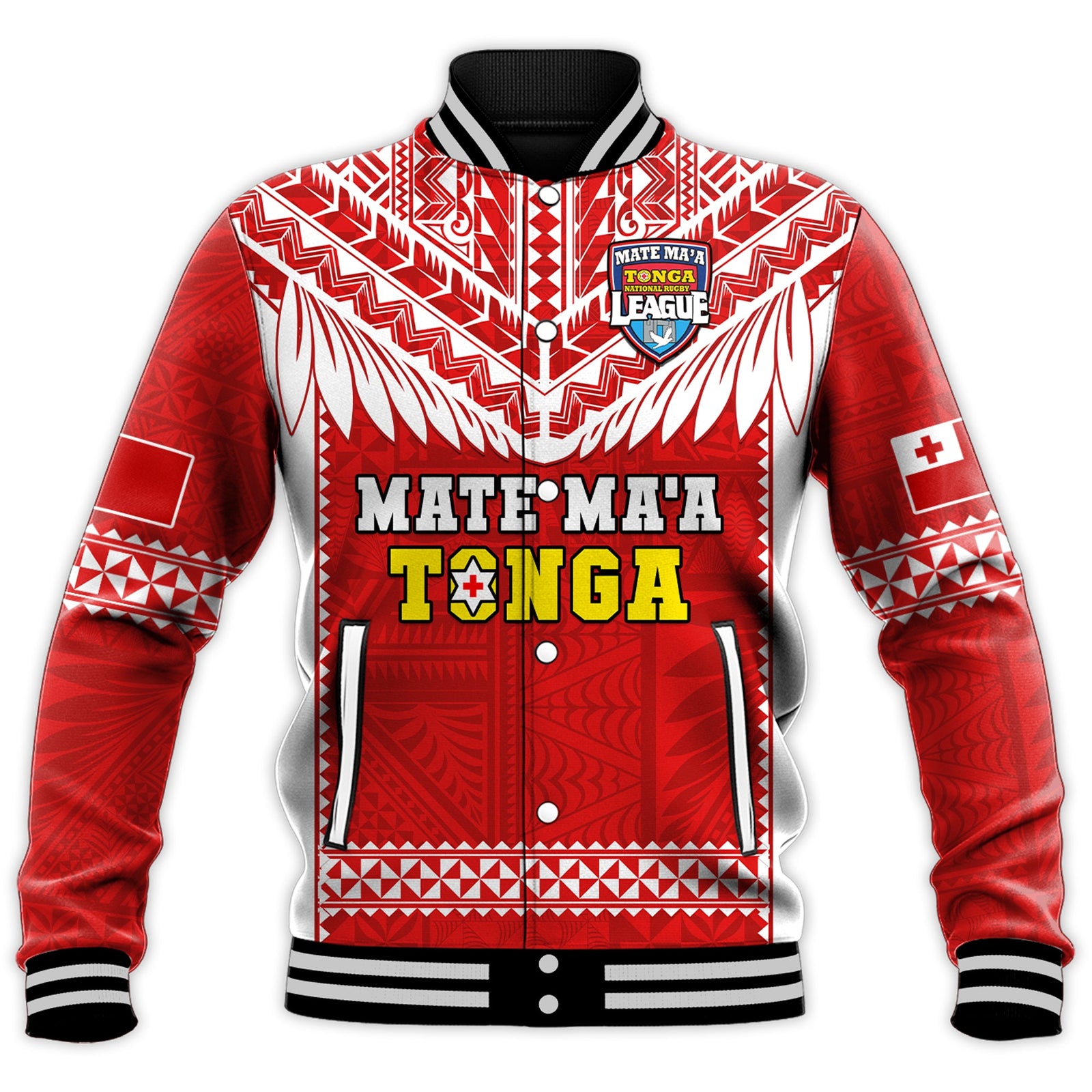 Tonga Rugby Baseball Jacket Mate Maa Tonga Pacific Ngatu White LT14 Unisex Red - Polynesian Pride