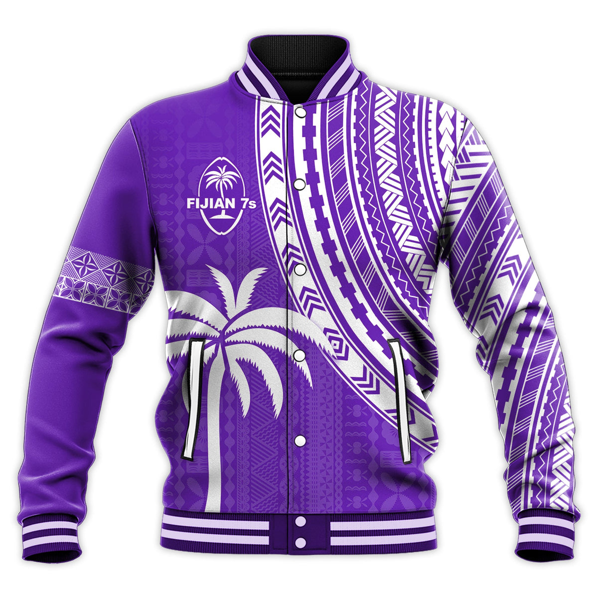 (Custom Text and Number) Fiji Rugby Sevens Baseball Jacket Fijian 7s Tapa Polynesian Purple LT13 - Polynesian Pride