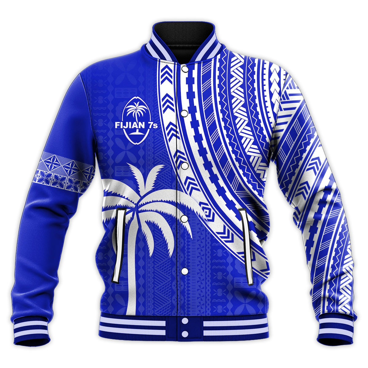 (Custom Text and Number) Fiji Rugby Sevens Baseball Jacket Fijian 7s Tapa Polynesian Blue Ver.02 LT13 - Polynesian Pride