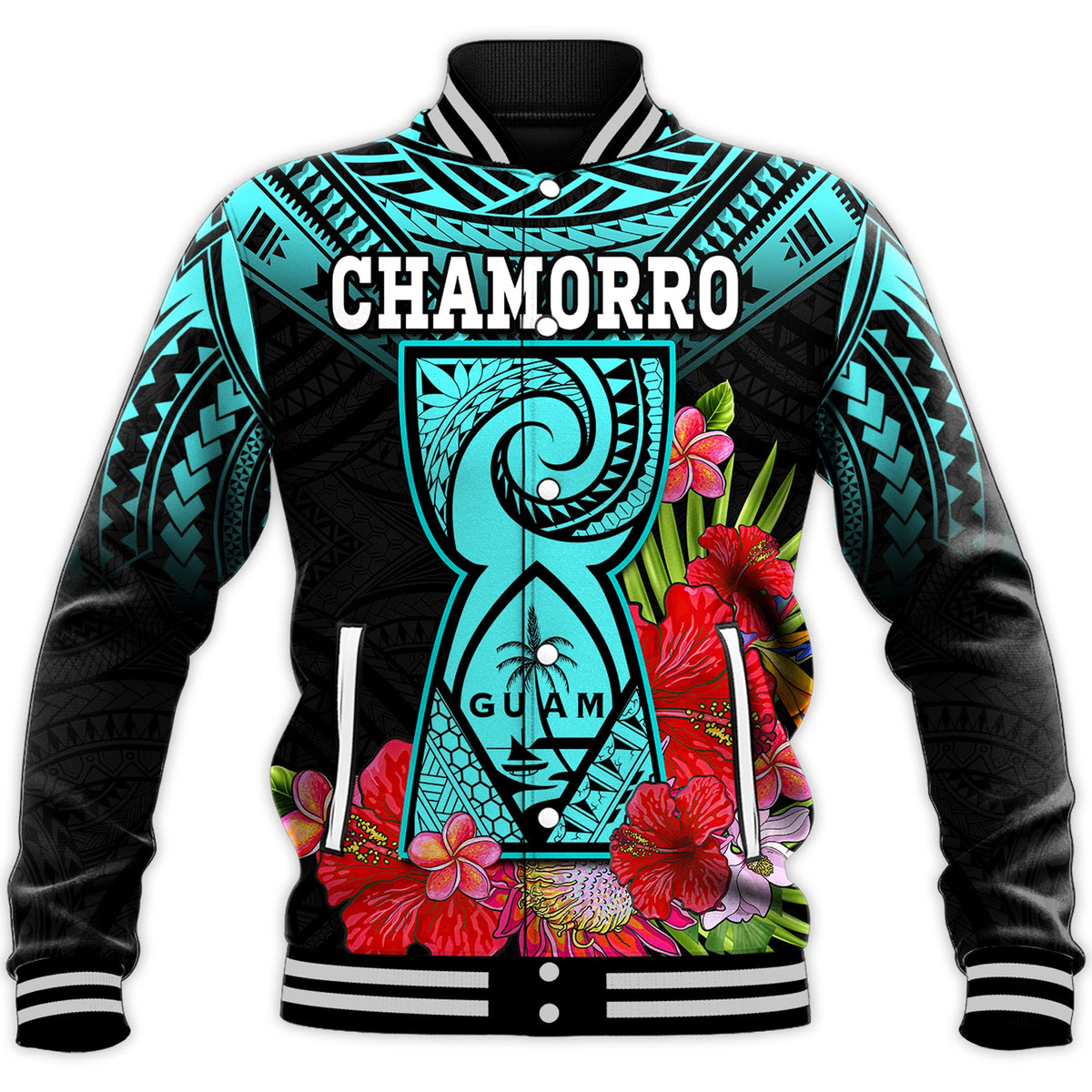 (Custom Personalised) Guam Chamorro Baseball Jacket Guaman Latte Stone Tropical Flowers Turquoise Style LT14 - Polynesian Pride